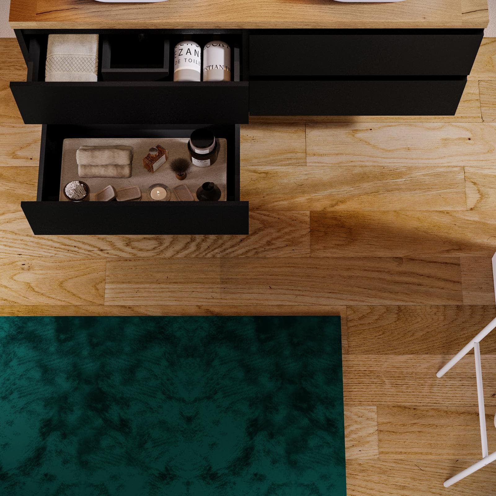 Mobile bagno sospeso 140 cm nero satinato con top rovere gold e specchio - Anami