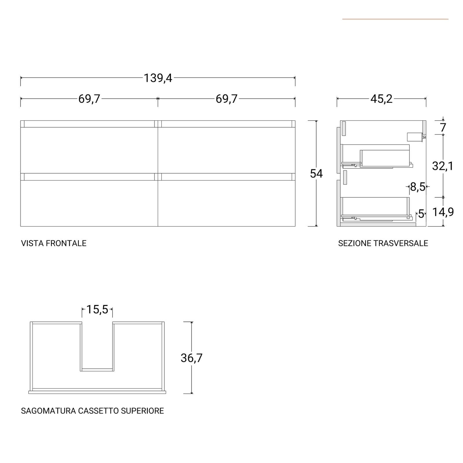 Mobile bagno sospeso 140 cm nero satinato con top rovere gold e specchio - Anami