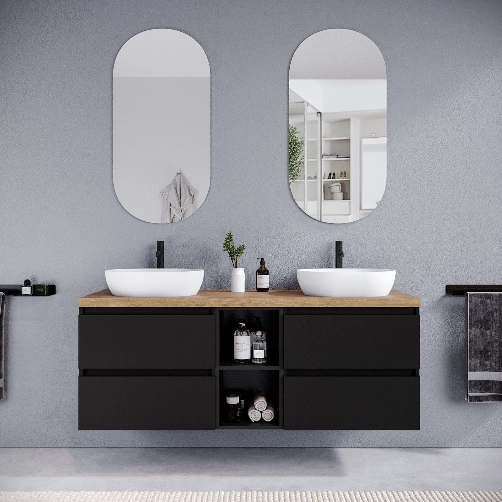 Mobile bagno sospeso 150 cm nero satinato con vano a giorno reversibile e top rovere gold con specchio - Anami