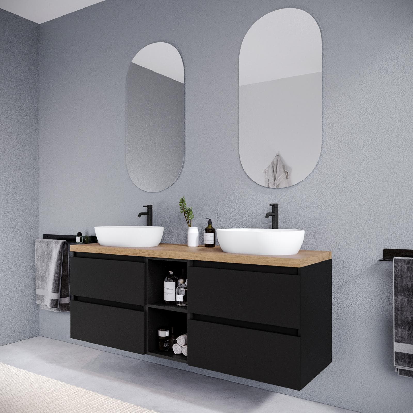 Mobile bagno sospeso 150 cm nero satinato con vano a giorno reversibile e top rovere gold con specchio - Anami