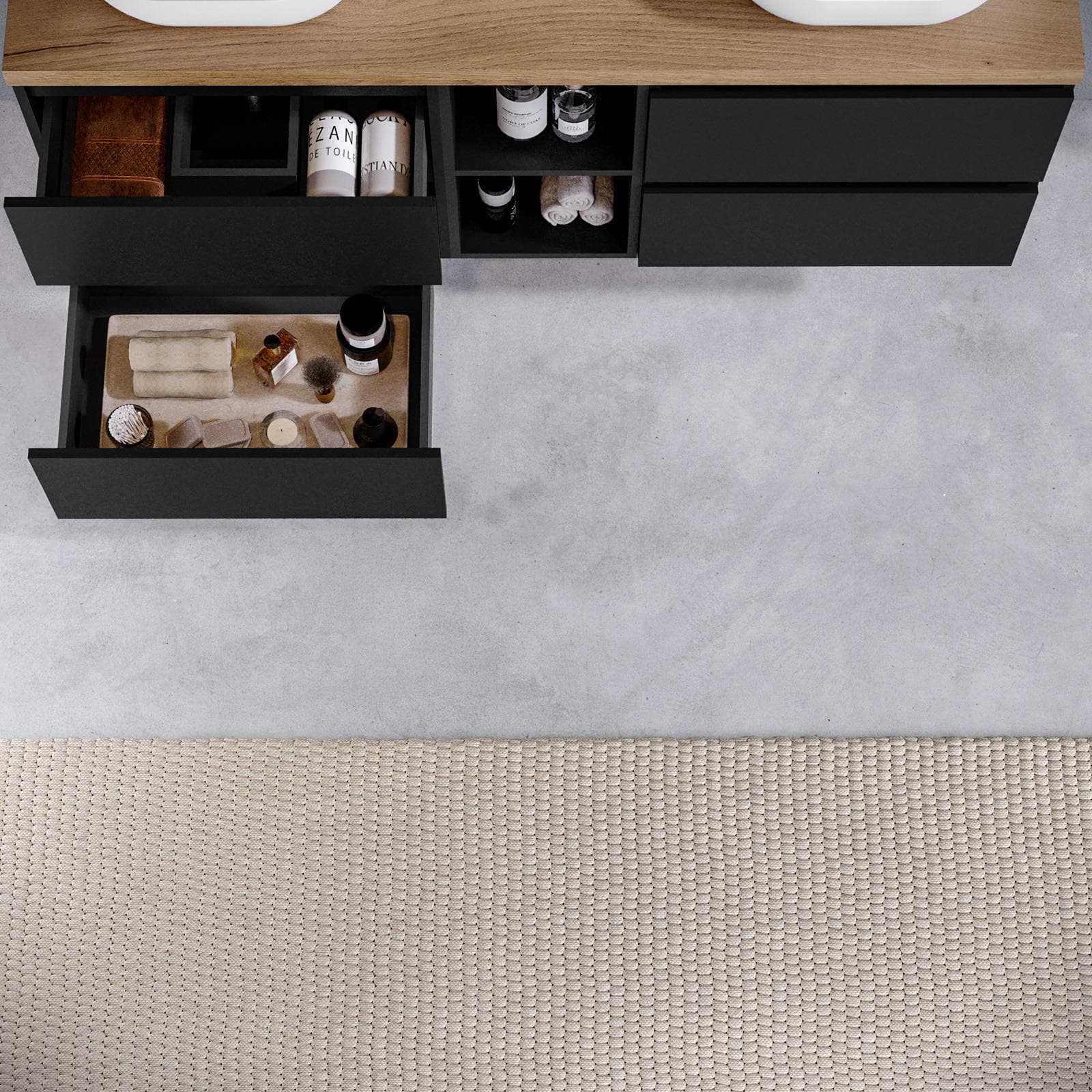 Mobile bagno sospeso 150 cm nero satinato con vano a giorno reversibile e top rovere gold con specchio - Anami