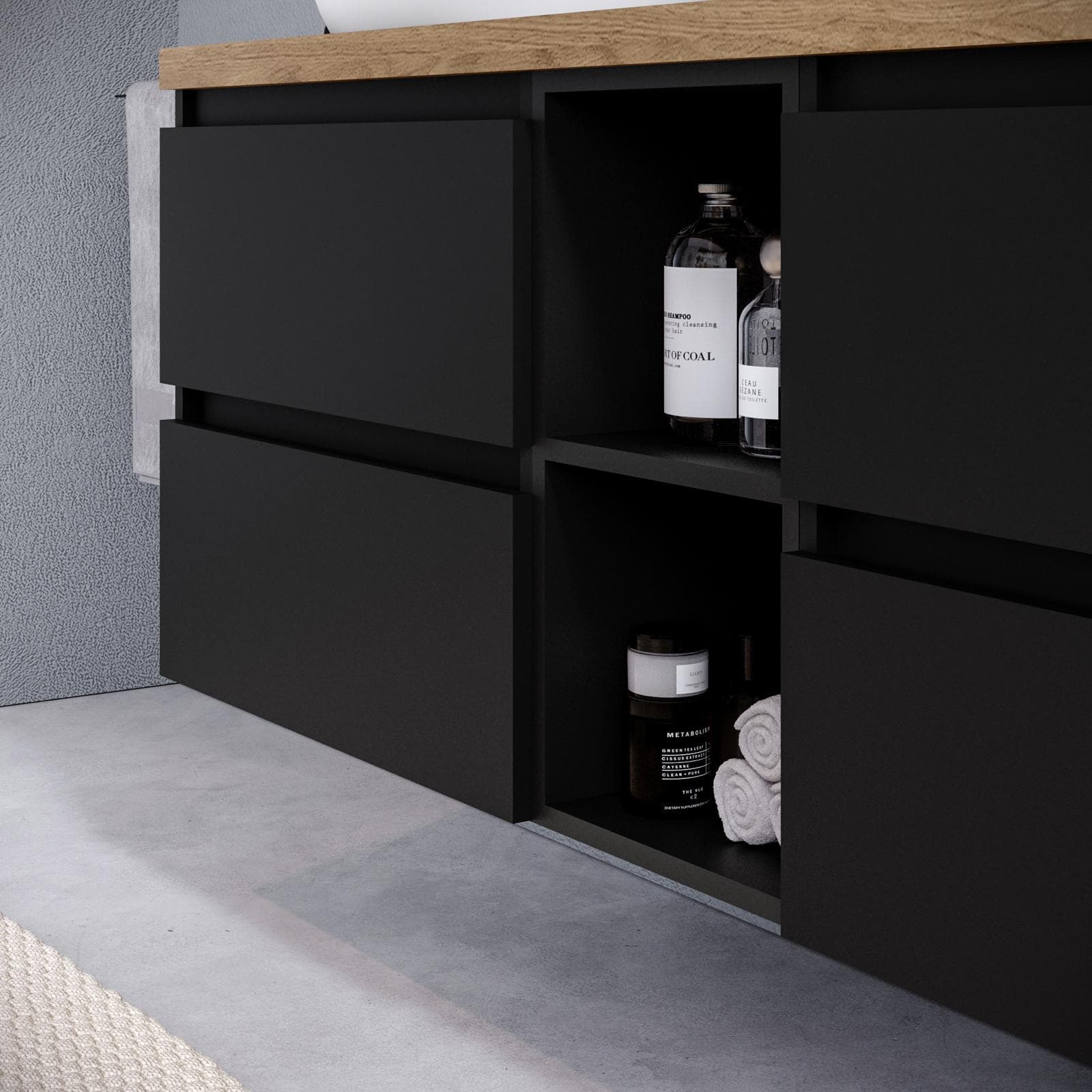 Mobile bagno sospeso 150 cm nero satinato con vano a giorno reversibile e top rovere gold con specchio - Anami