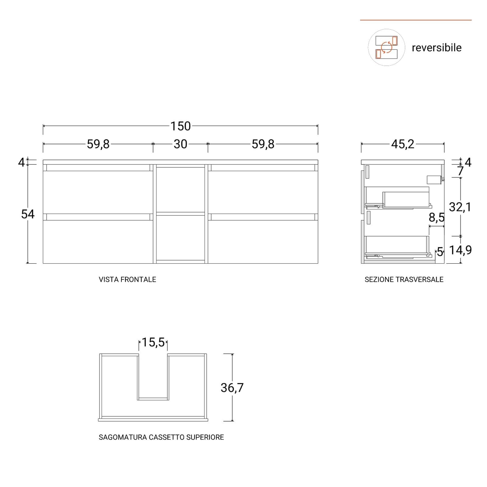Mobile bagno sospeso 150 cm nero satinato con vano a giorno reversibile e top rovere gold con specchio - Anami