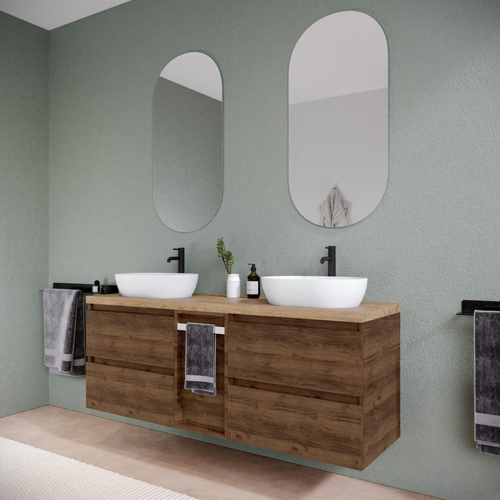 Mobile bagno sospeso 150 cm noce maya con toletta reversibile e top rovere gold con specchio - Anami