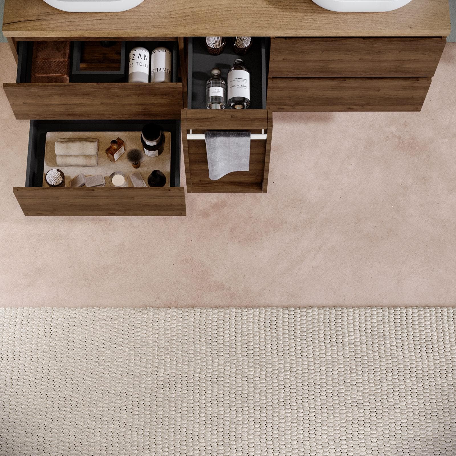 Mobile bagno sospeso 150 cm noce maya con toletta reversibile e top rovere gold con specchio - Anami