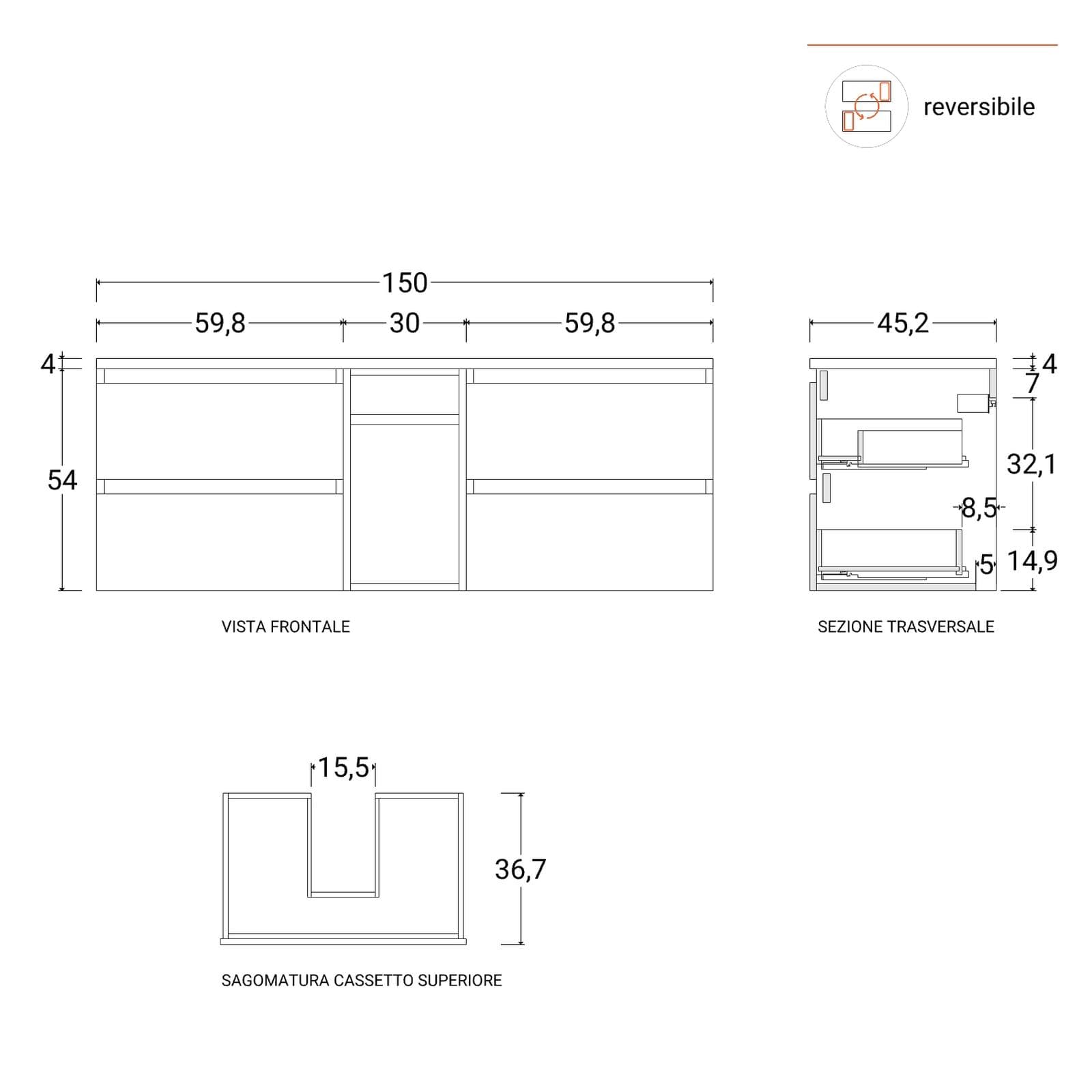 Mobile bagno sospeso 150 cm noce maya con toletta reversibile e top rovere gold con specchio - Anami