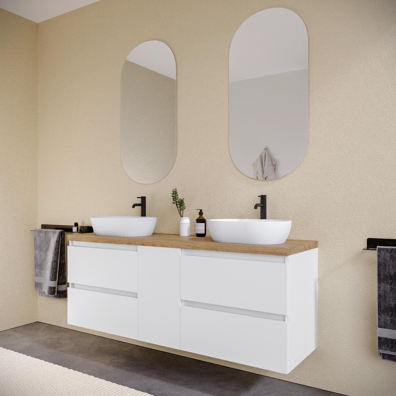 Mobile bagno sospeso 150 cm white satinato con vano e top rovere gold con specchio - Anami