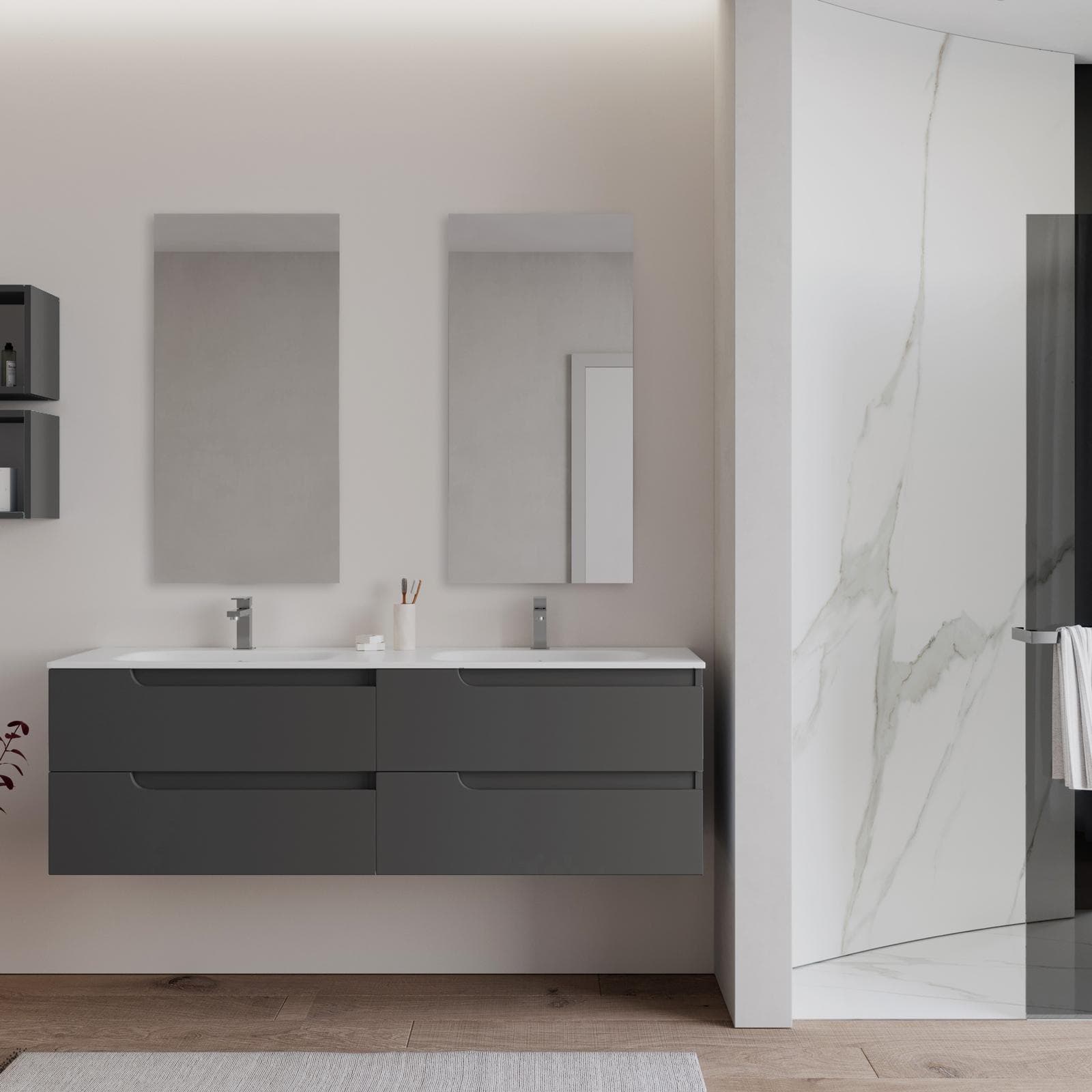 Mobile bagno sospeso 160 cm antracite con lavabo doppia vasca e specchio - Agave Plus