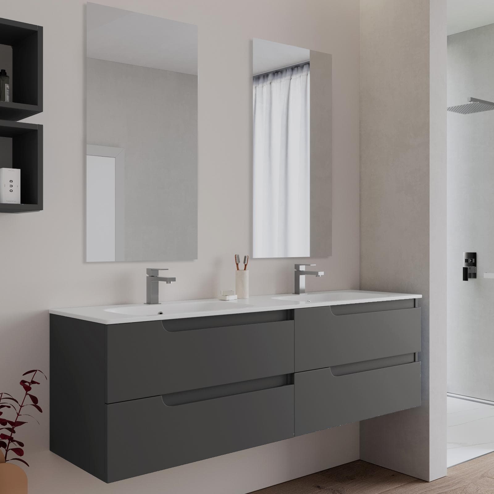 Mobile bagno sospeso 160 cm antracite con lavabo doppia vasca e specchio - Agave Plus