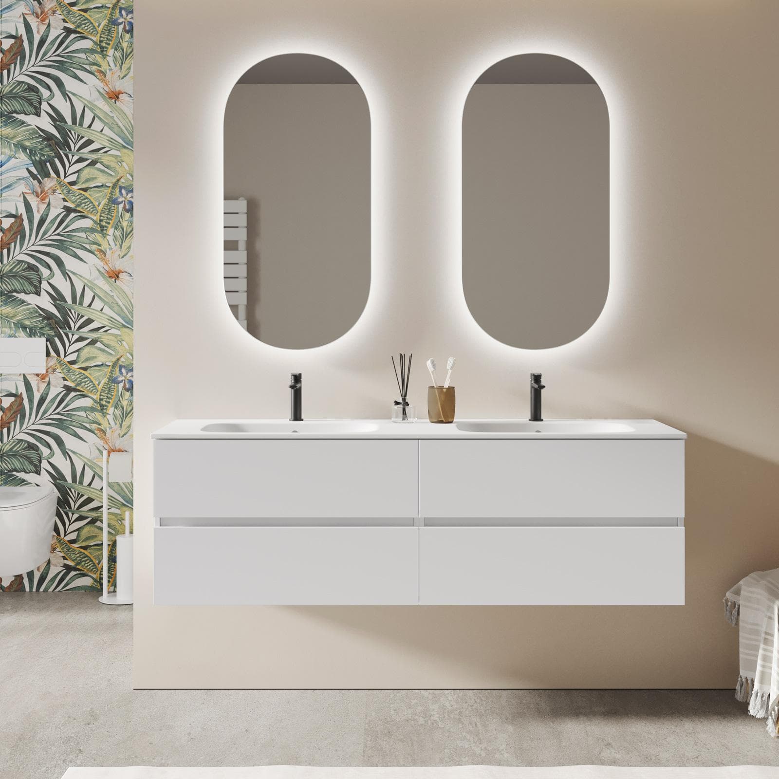 Mobile bagno sospeso 160 cm bianco opaco con cassetti e lavabo doppia vasca con specchio - Cuki