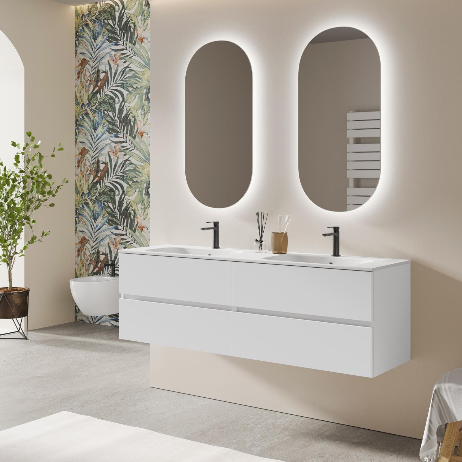 Mobile bagno sospeso 160 cm bianco opaco con cassetti e lavabo doppia vasca con specchio - Cuki