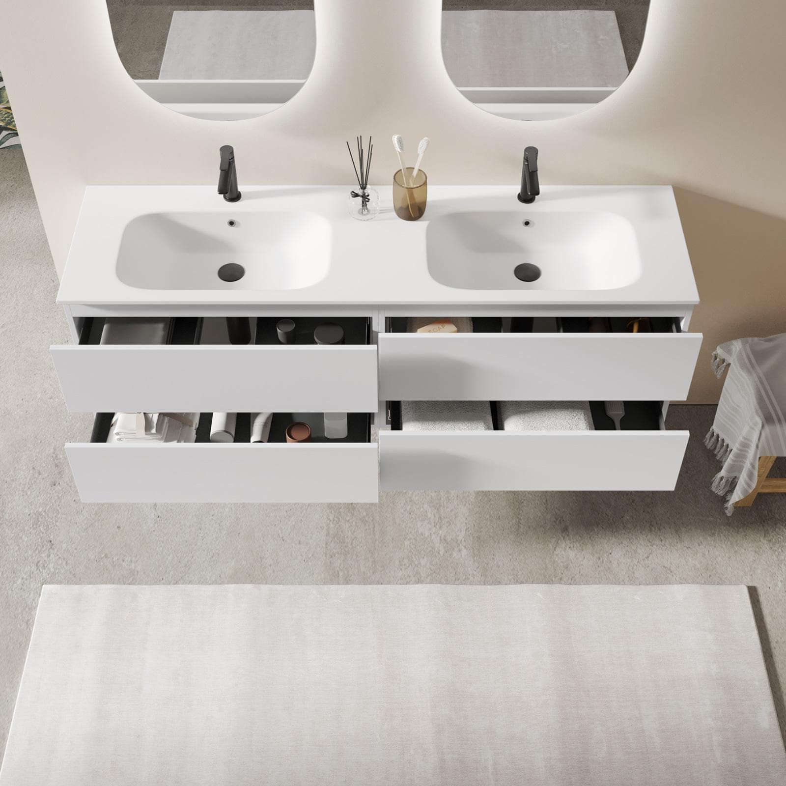 Mobile bagno sospeso 160 cm bianco opaco con cassetti e lavabo doppia vasca con specchio - Cuki