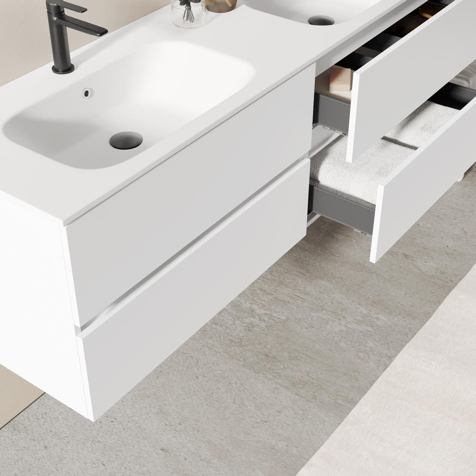 Mobile bagno sospeso 160 cm bianco opaco con cassetti e lavabo doppia vasca con specchio - Cuki