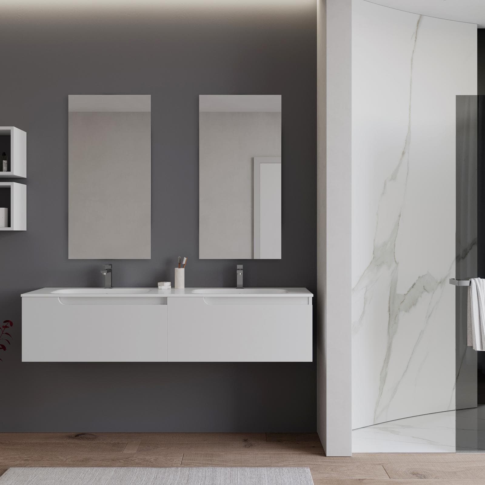 Mobile bagno sospeso 160 cm bianco opaco con lavabo doppia vasca e specchio - Agave