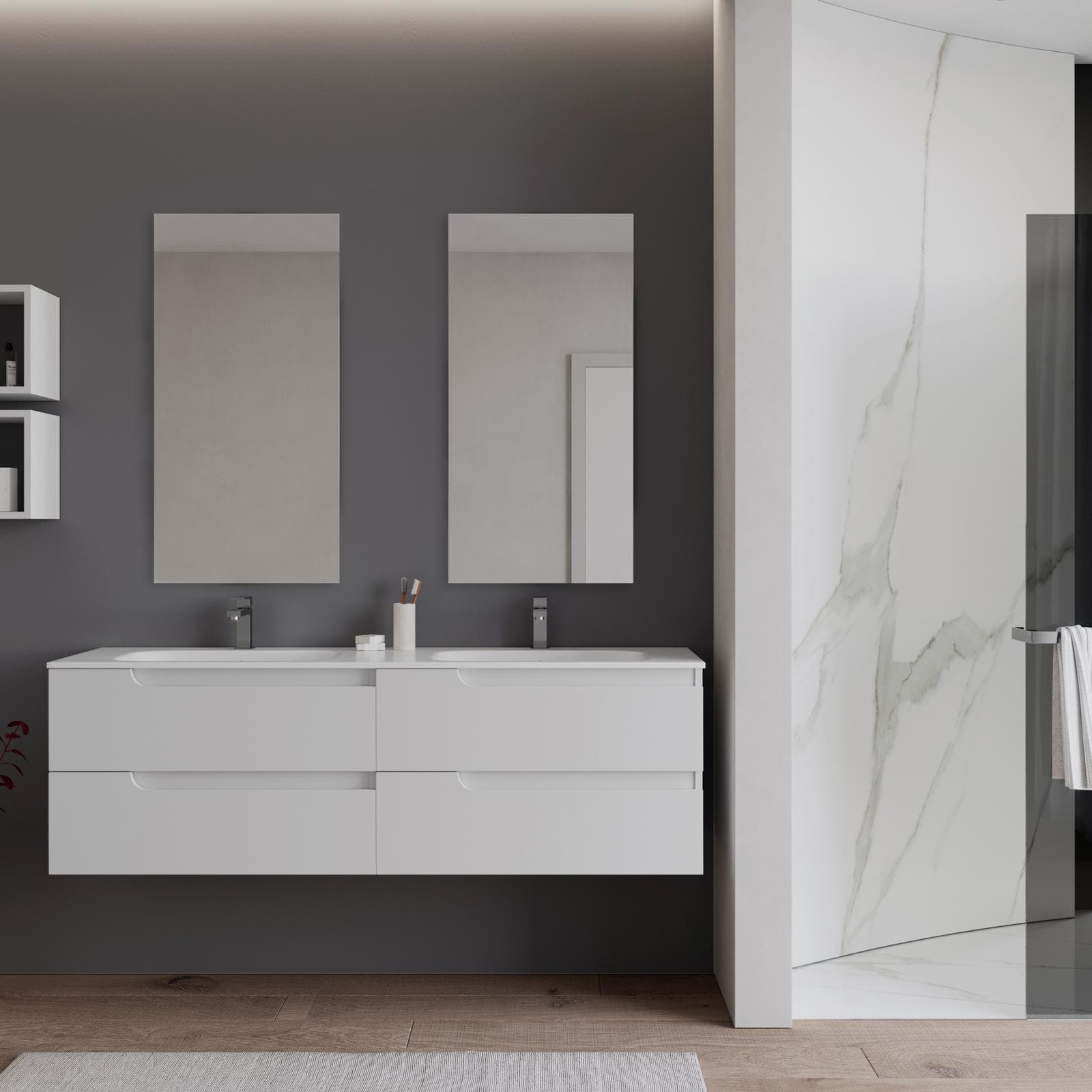 Mobile bagno sospeso 160 cm bianco opaco con lavabo doppia vasca e specchio - Agave Plus