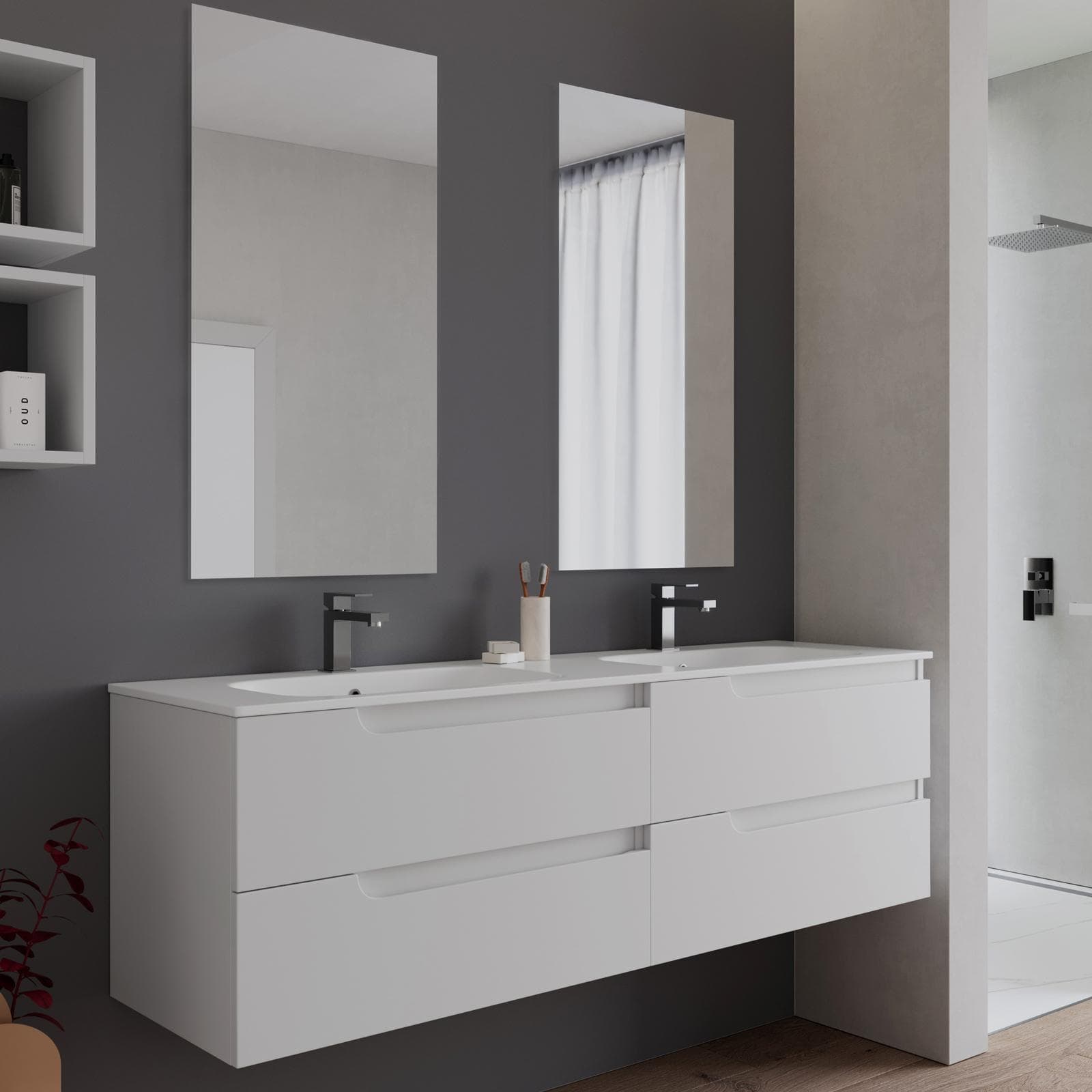 Mobile bagno sospeso 160 cm bianco opaco con lavabo doppia vasca e specchio - Agave Plus