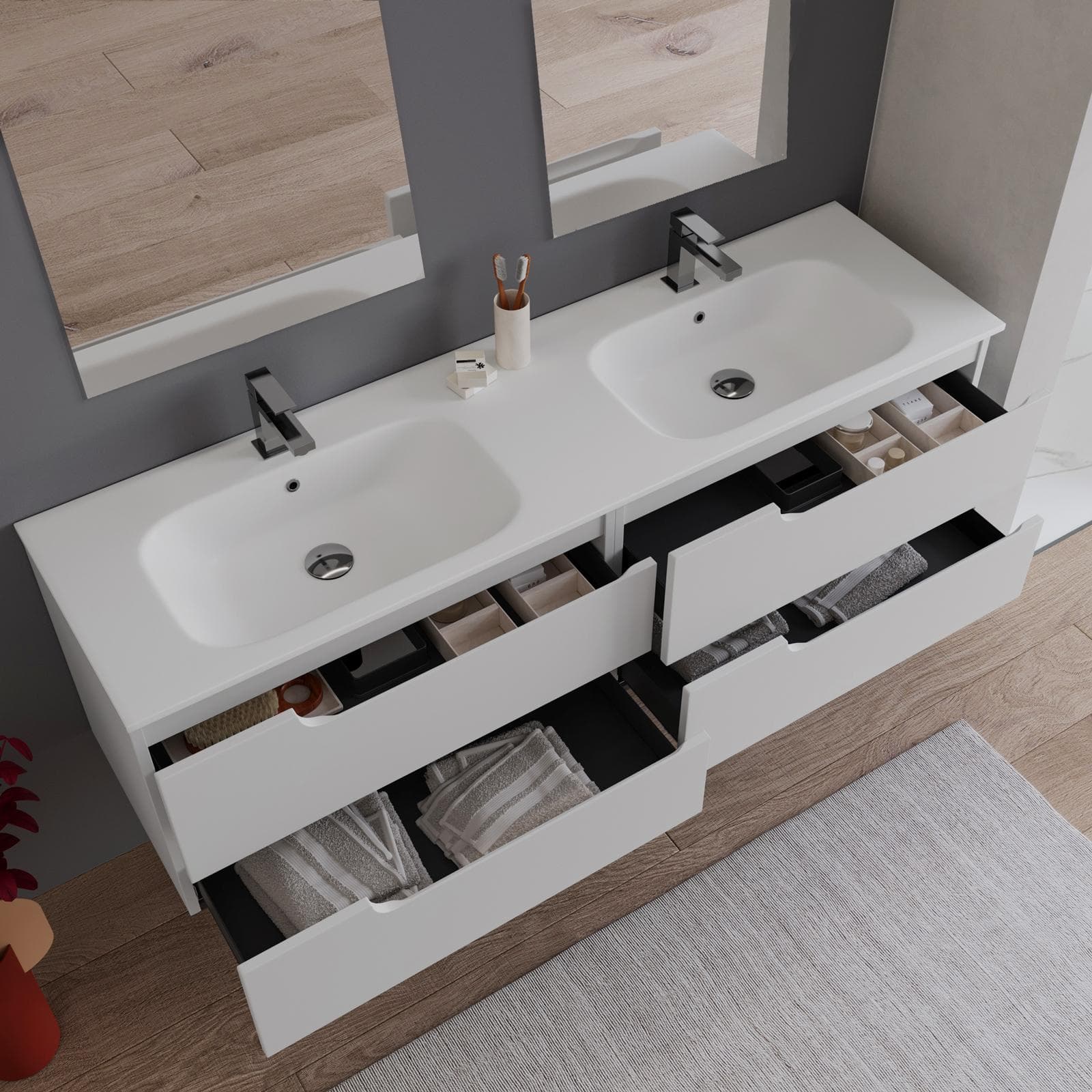 Mobile bagno sospeso 160 cm bianco opaco con lavabo doppia vasca e specchio - Agave Plus