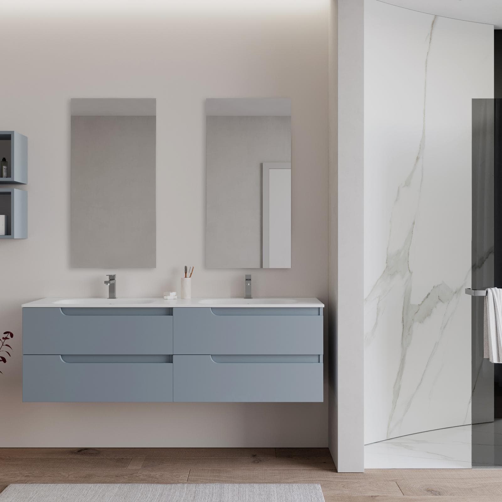 Mobile bagno sospeso 160 cm carta da zucchero con lavabo doppia vasca e specchio - Agave Plus
