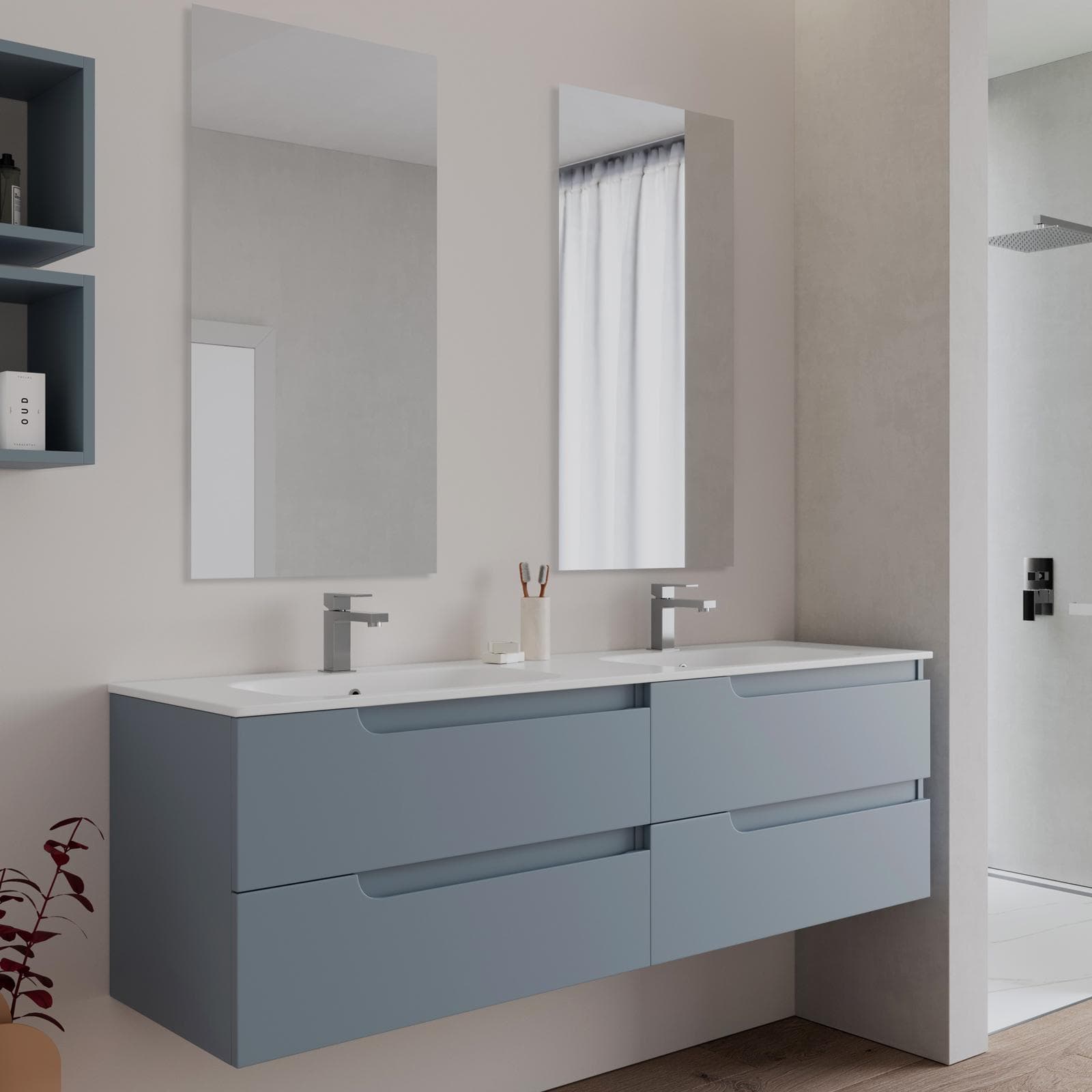 Mobile bagno sospeso 160 cm carta da zucchero con lavabo doppia vasca e specchio - Agave Plus