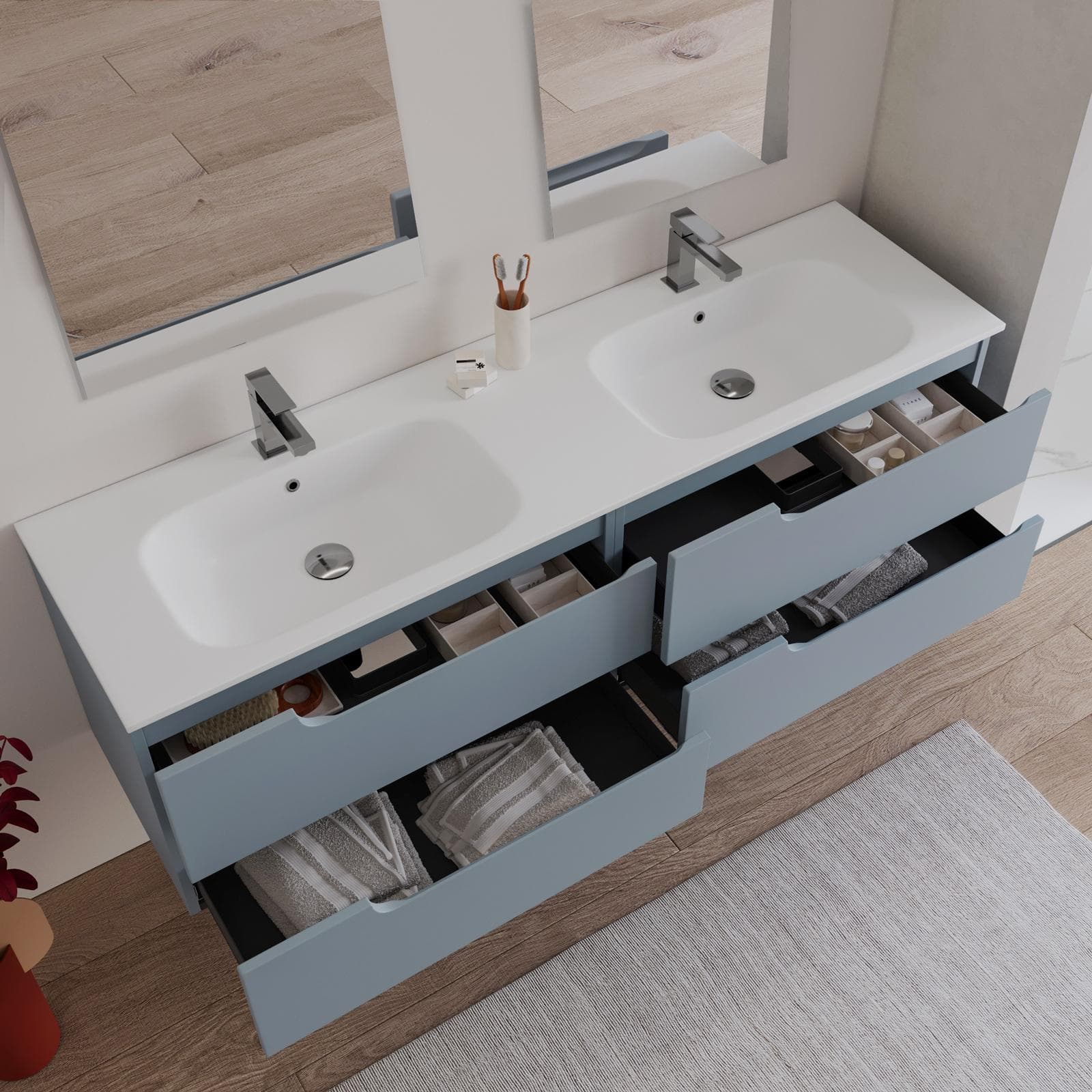 Mobile bagno sospeso 160 cm carta da zucchero con lavabo doppia vasca e specchio - Agave Plus