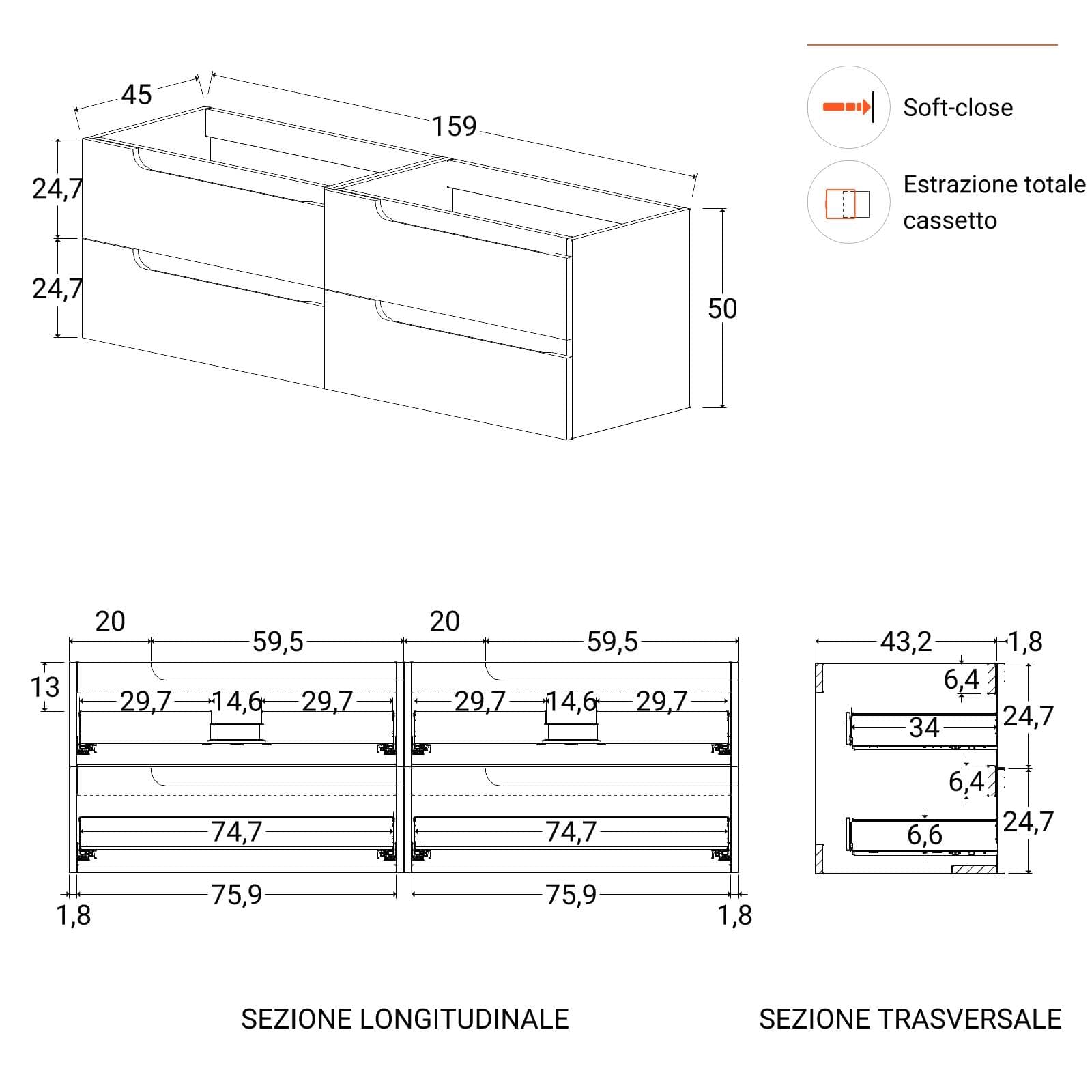 Mobile bagno sospeso 160 cm carta da zucchero con lavabo doppia vasca e specchio - Agave Plus