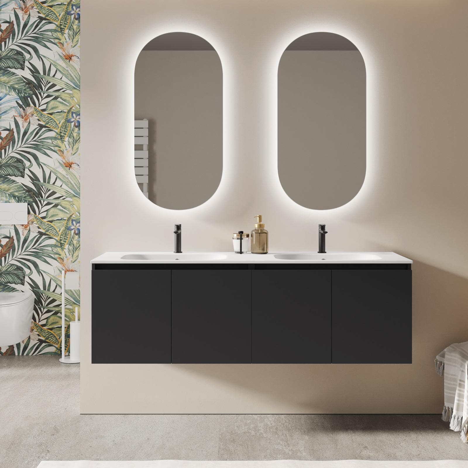 Mobile bagno sospeso 160 cm nero opaco con ante e lavabo doppia vasca con specchio - Cuki