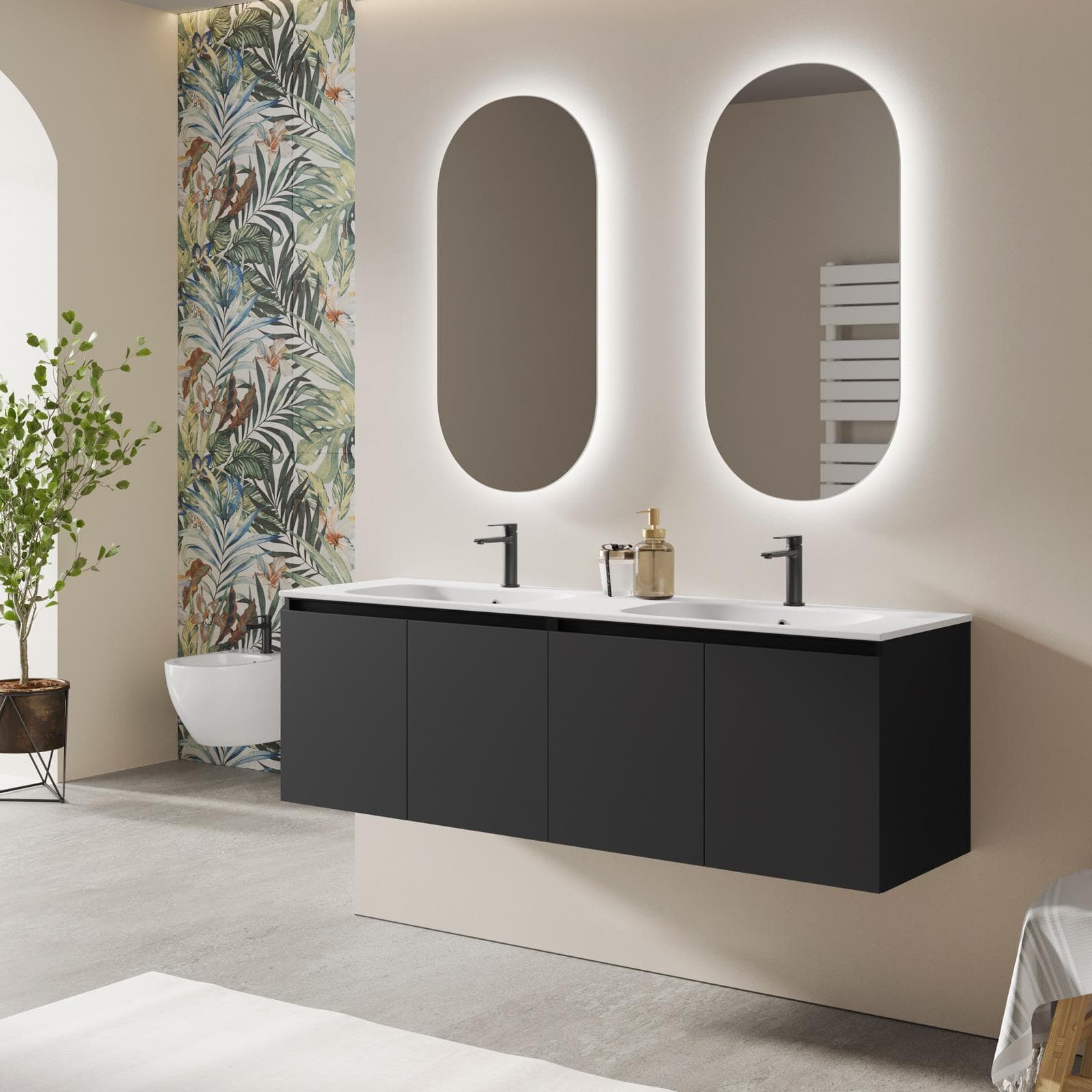 Mobile bagno sospeso 160 cm nero opaco con ante e lavabo doppia vasca con specchio - Cuki