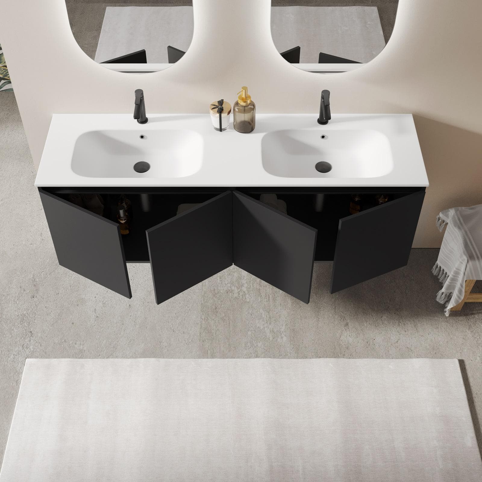 Mobile bagno sospeso 160 cm nero opaco con ante e lavabo doppia vasca con specchio - Cuki