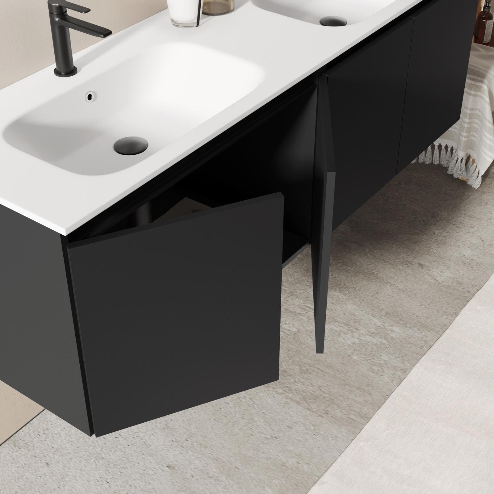 Mobile bagno sospeso 160 cm nero opaco con ante e lavabo doppia vasca con specchio - Cuki