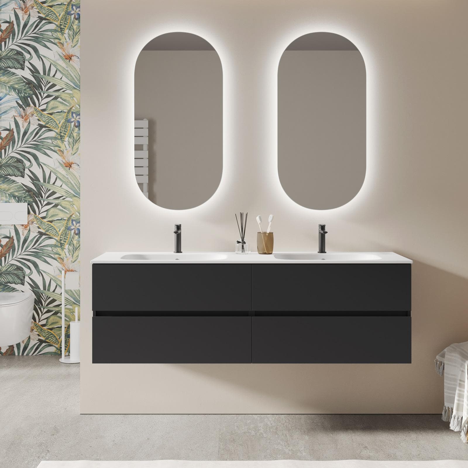 Mobile bagno sospeso 160 cm nero opaco con cassetti e lavabo doppia vasca con specchio - Cuki