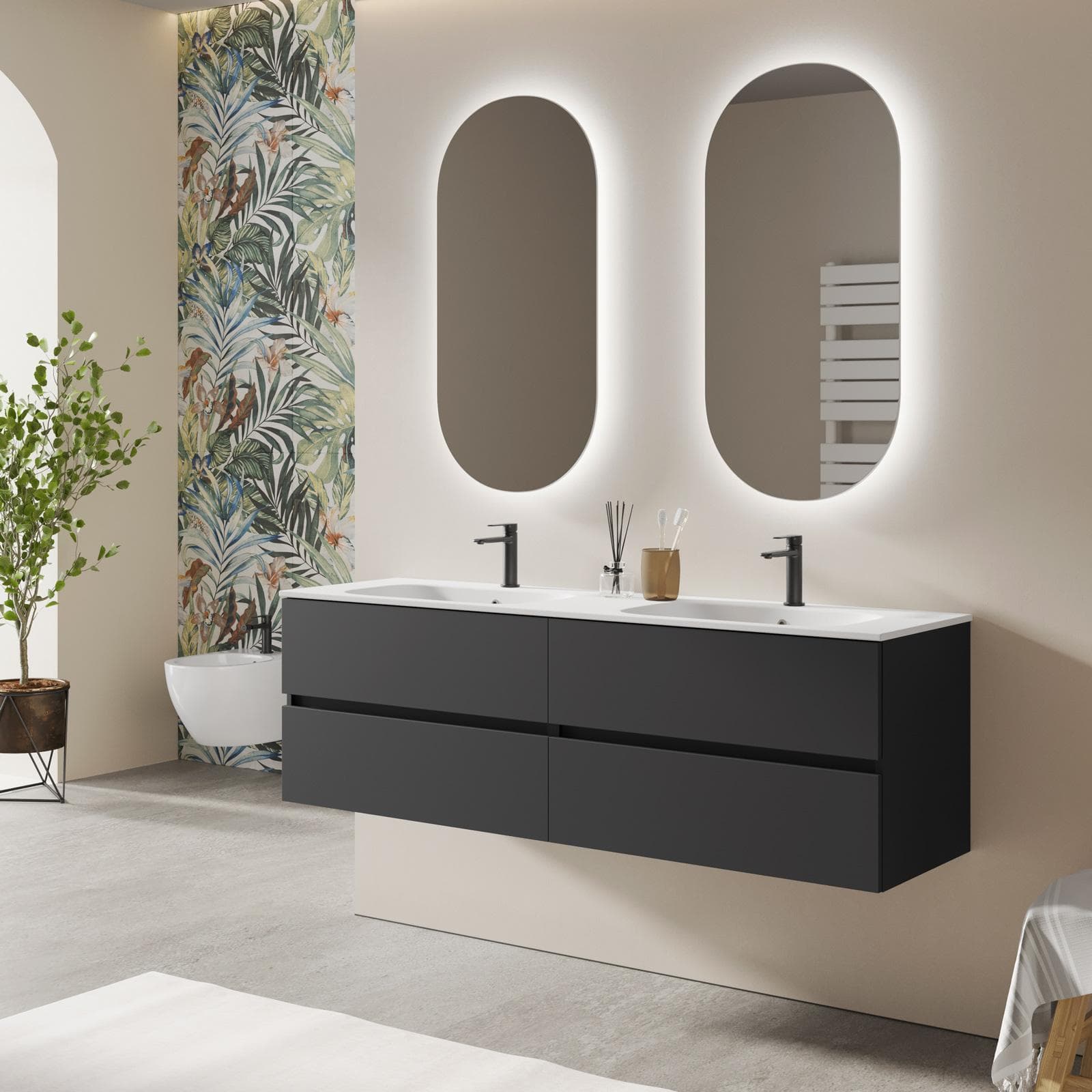 Mobile bagno sospeso 160 cm nero opaco con cassetti e lavabo doppia vasca con specchio - Cuki