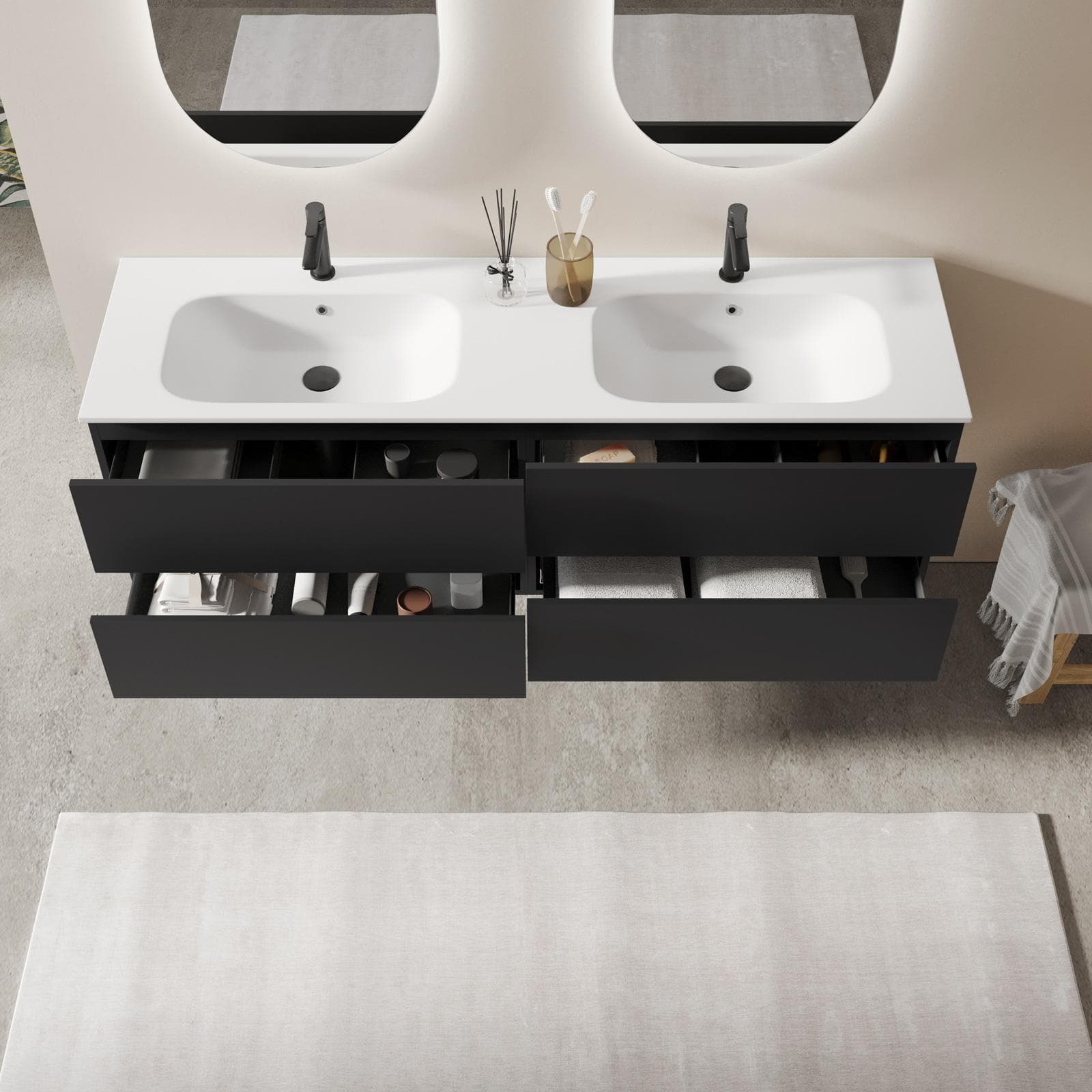 Mobile bagno sospeso 160 cm nero opaco con cassetti e lavabo doppia vasca con specchio - Cuki