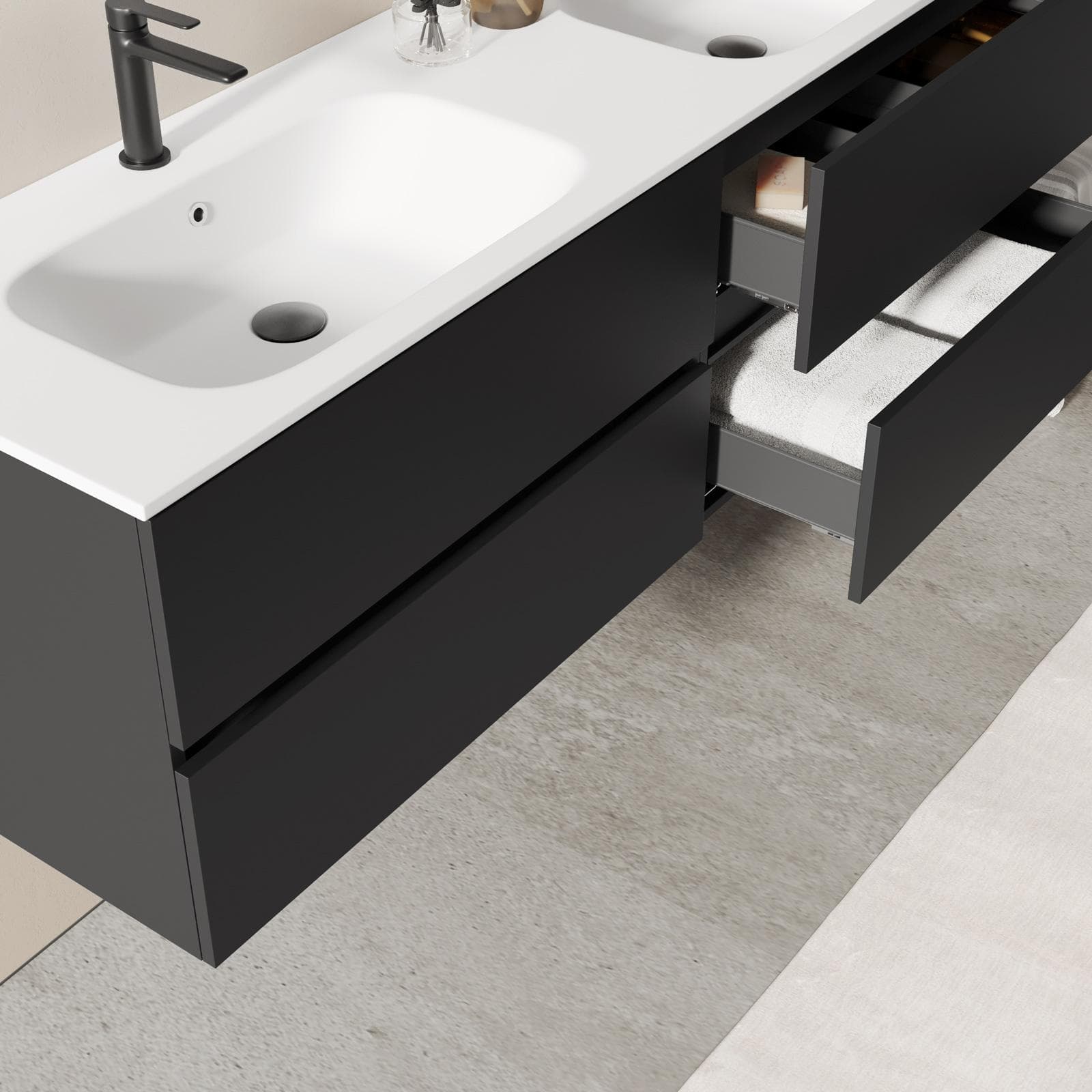 Mobile bagno sospeso 160 cm nero opaco con cassetti e lavabo doppia vasca con specchio - Cuki