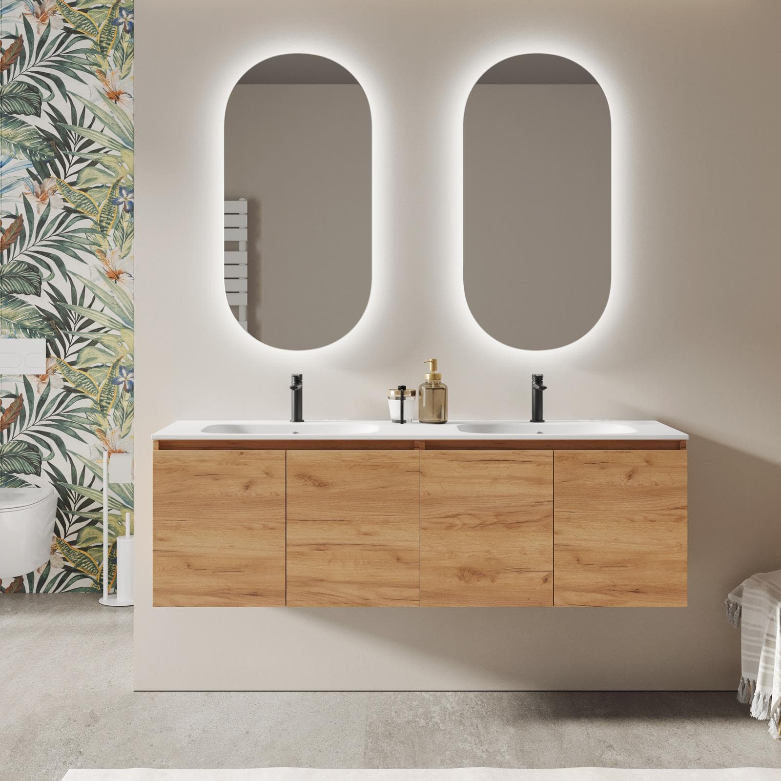 Mobile bagno sospeso 160 cm rovere gold con ante e lavabo doppia vasca con specchio - Cuki