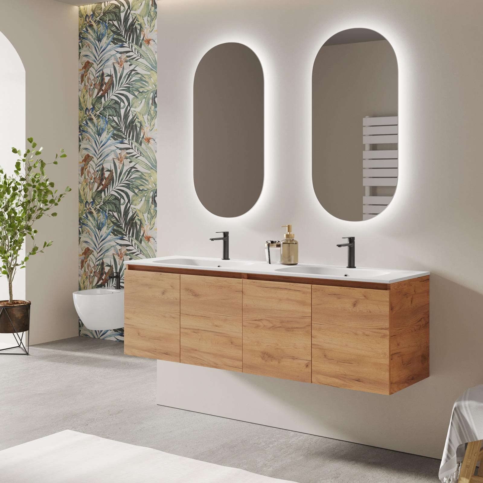 Mobile bagno sospeso 160 cm rovere gold con ante e lavabo doppia vasca con specchio - Cuki