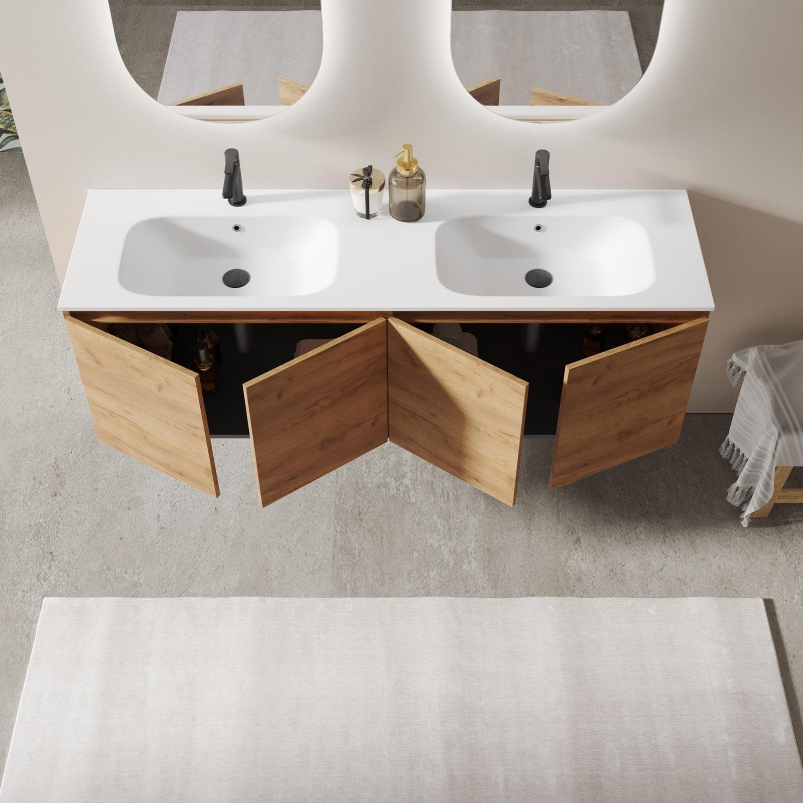 Mobile bagno sospeso 160 cm rovere gold con ante e lavabo doppia vasca con specchio - Cuki