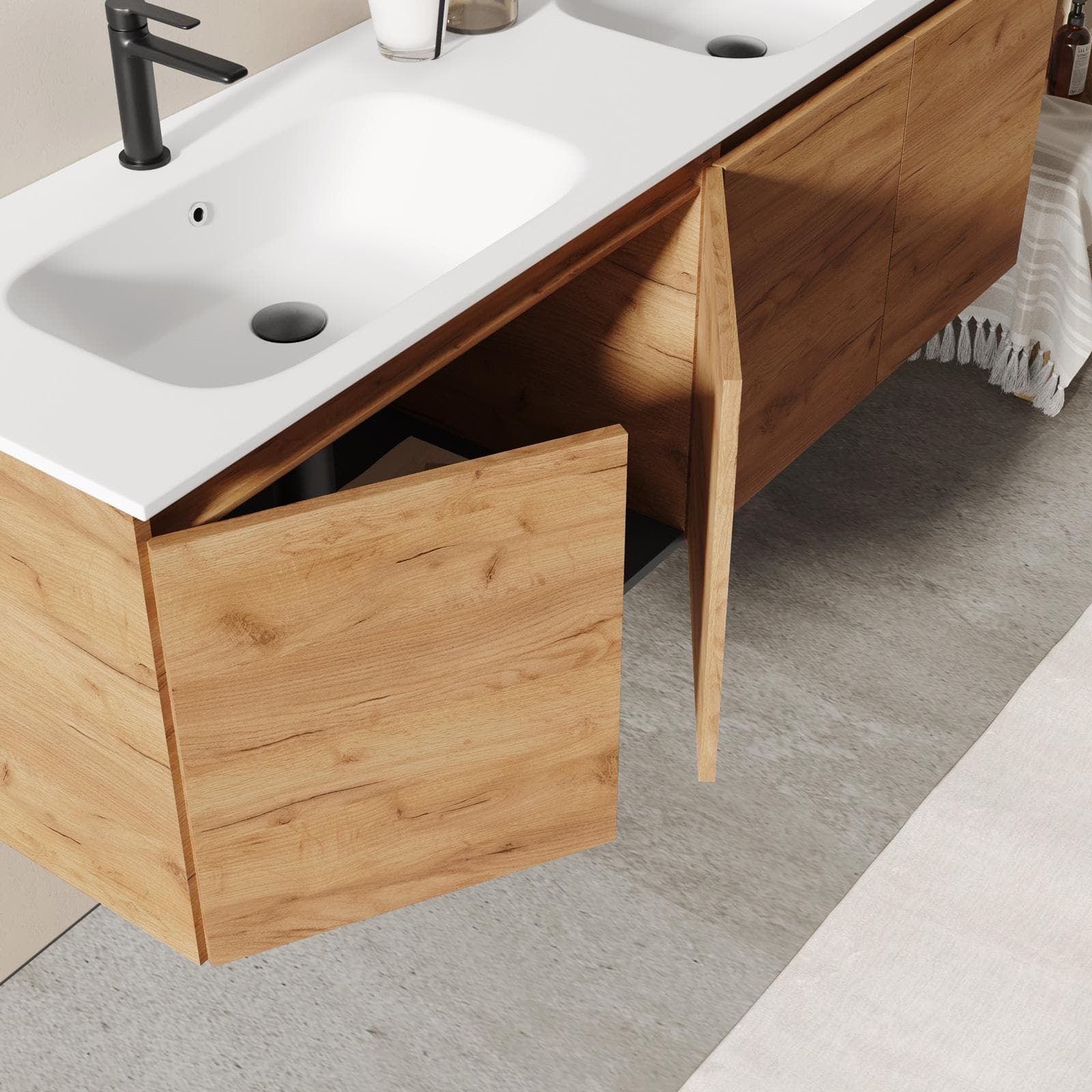 Mobile bagno sospeso 160 cm rovere gold con ante e lavabo doppia vasca con specchio - Cuki