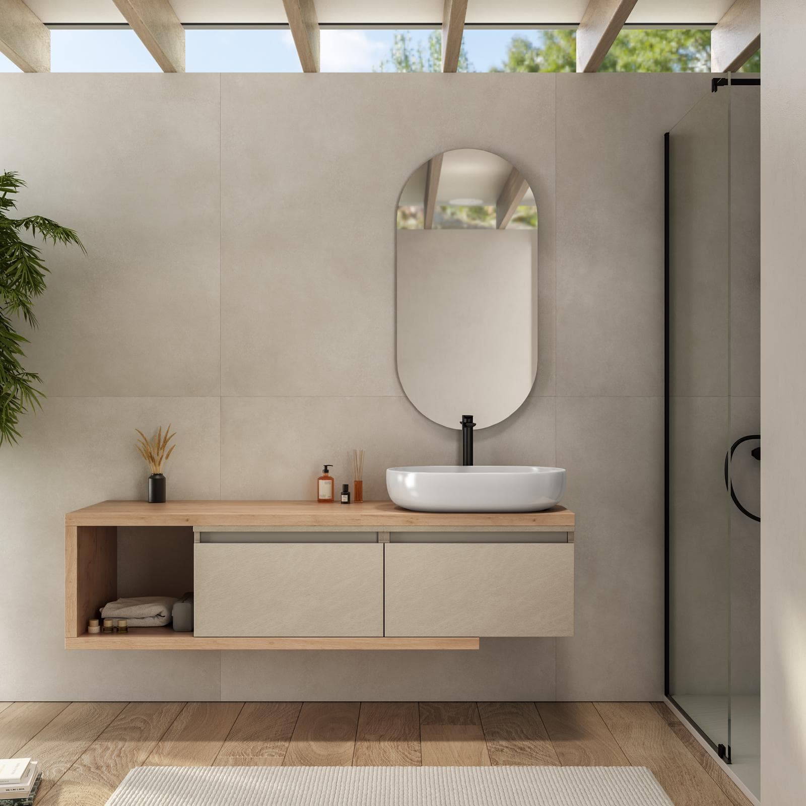 Mobile bagno sospeso 160 cm rovere gold con cassettoni argilla e specchio - Balik