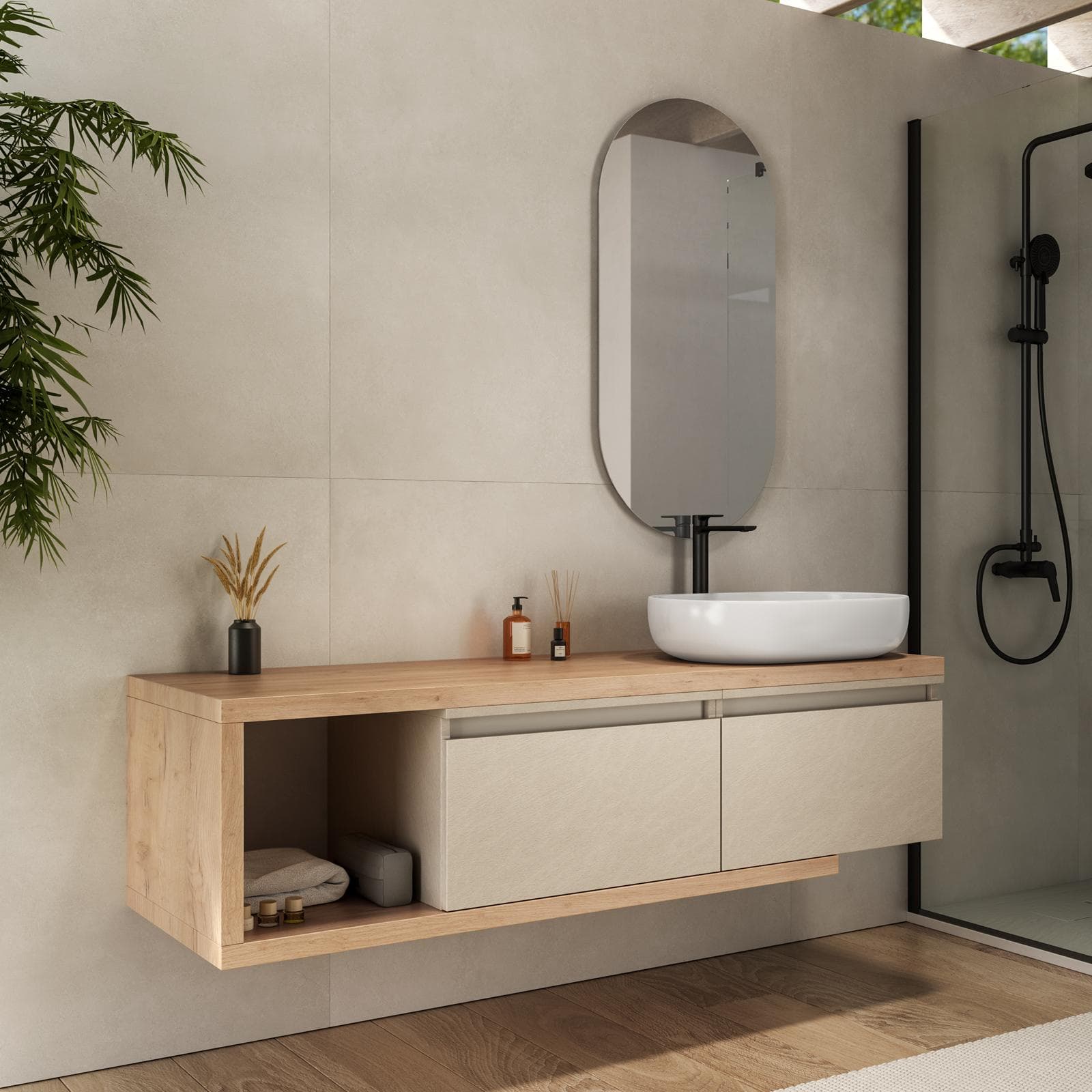 Mobile bagno sospeso 160 cm rovere gold con cassettoni argilla e specchio - Balik