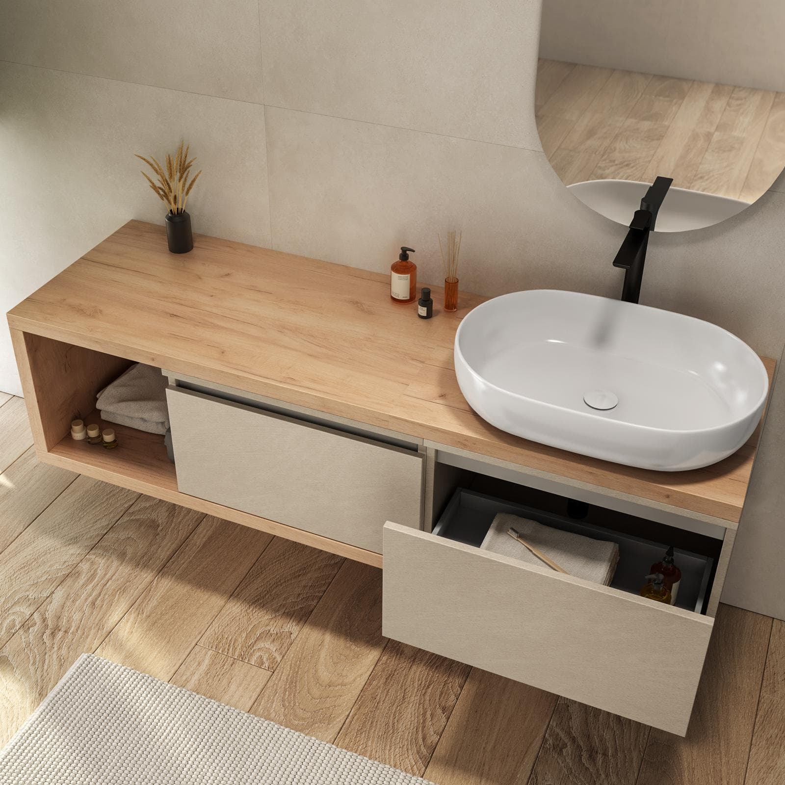 Mobile bagno sospeso 160 cm rovere gold con cassettoni argilla e specchio - Balik