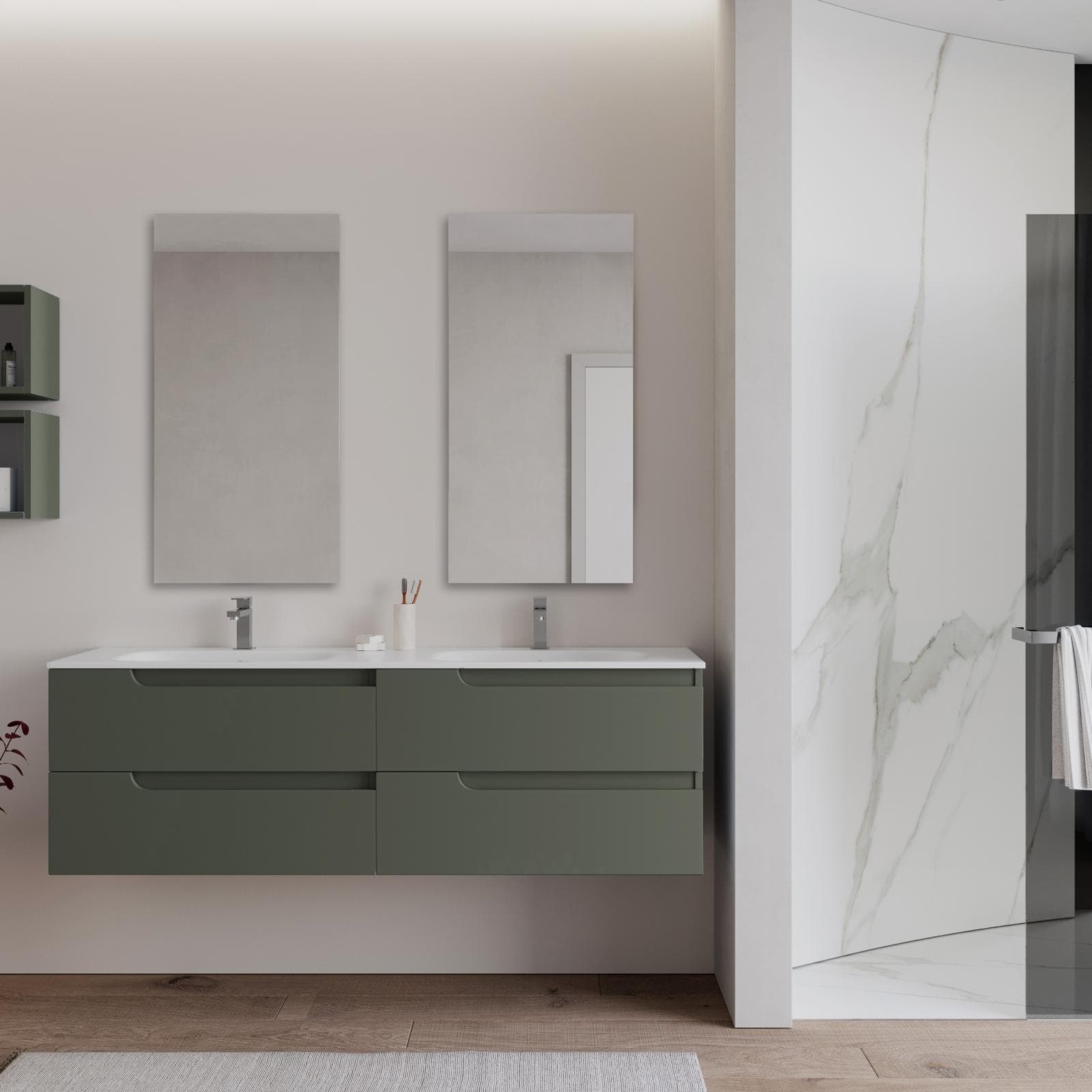 Mobile bagno sospeso 160 cm verde cemento con lavabo doppia vasca e specchio - Agave Plus