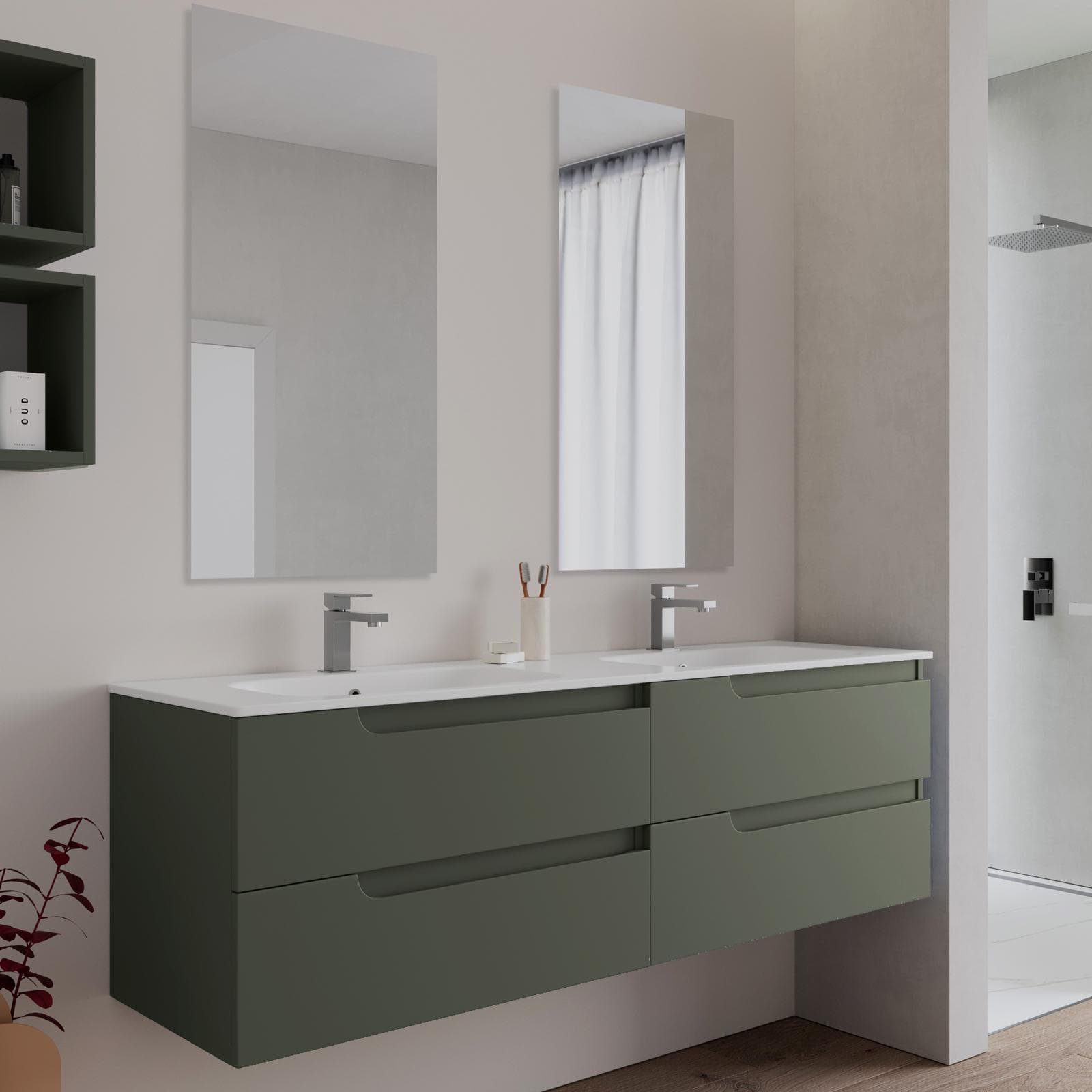 Mobile bagno sospeso 160 cm verde cemento con lavabo doppia vasca e specchio - Agave Plus