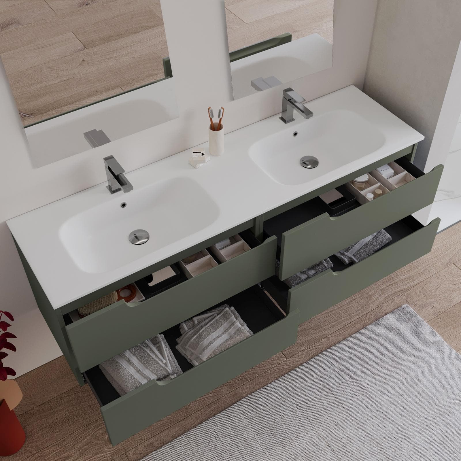 Mobile bagno sospeso 160 cm verde cemento con lavabo doppia vasca e specchio - Agave Plus