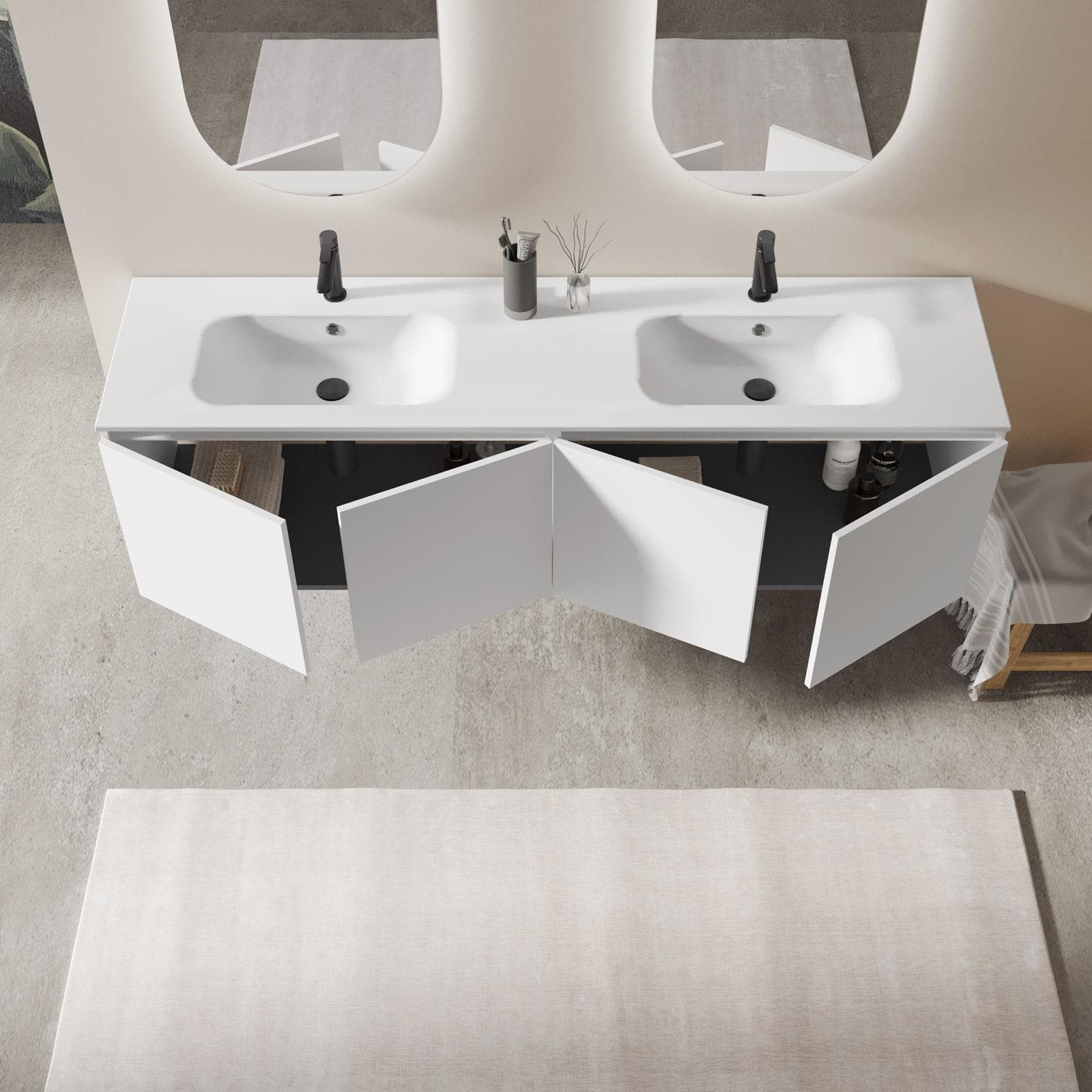 Mobile bagno sospeso 180 cm bianco opaco con 4 ante e lavabo con specchio - Cuki