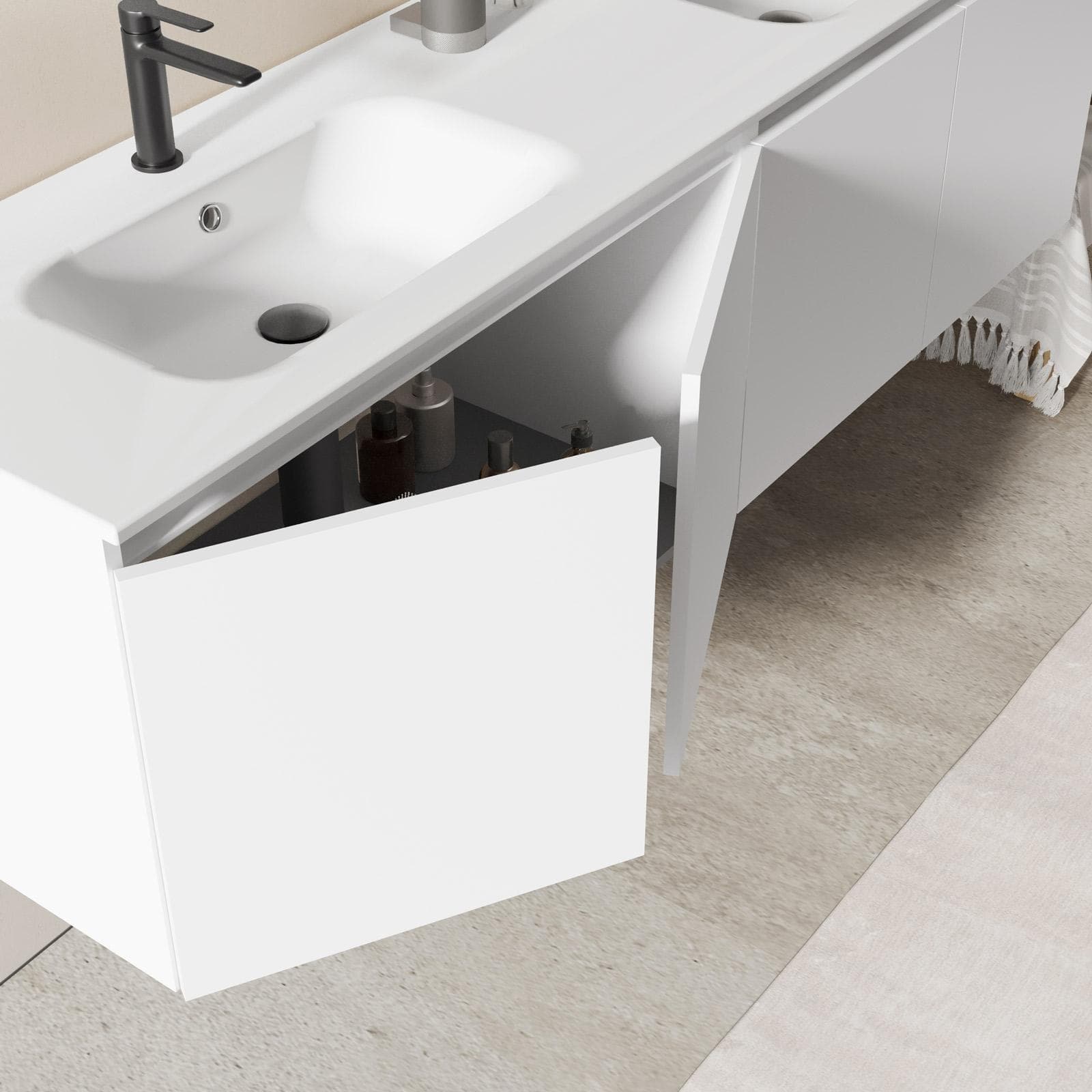 Mobile bagno sospeso 180 cm bianco opaco con 4 ante e lavabo con specchio - Cuki