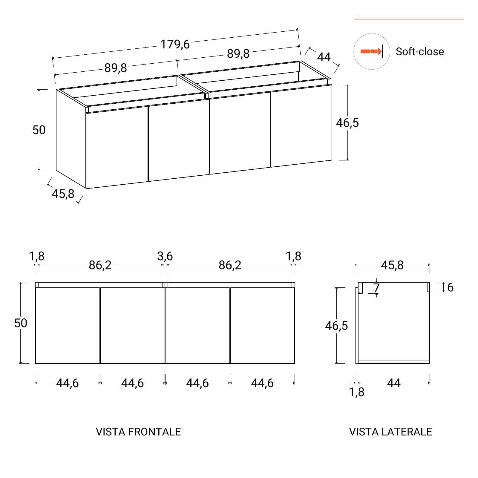 Mobile bagno sospeso 180 cm bianco opaco con 4 ante e lavabo con specchio - Cuki