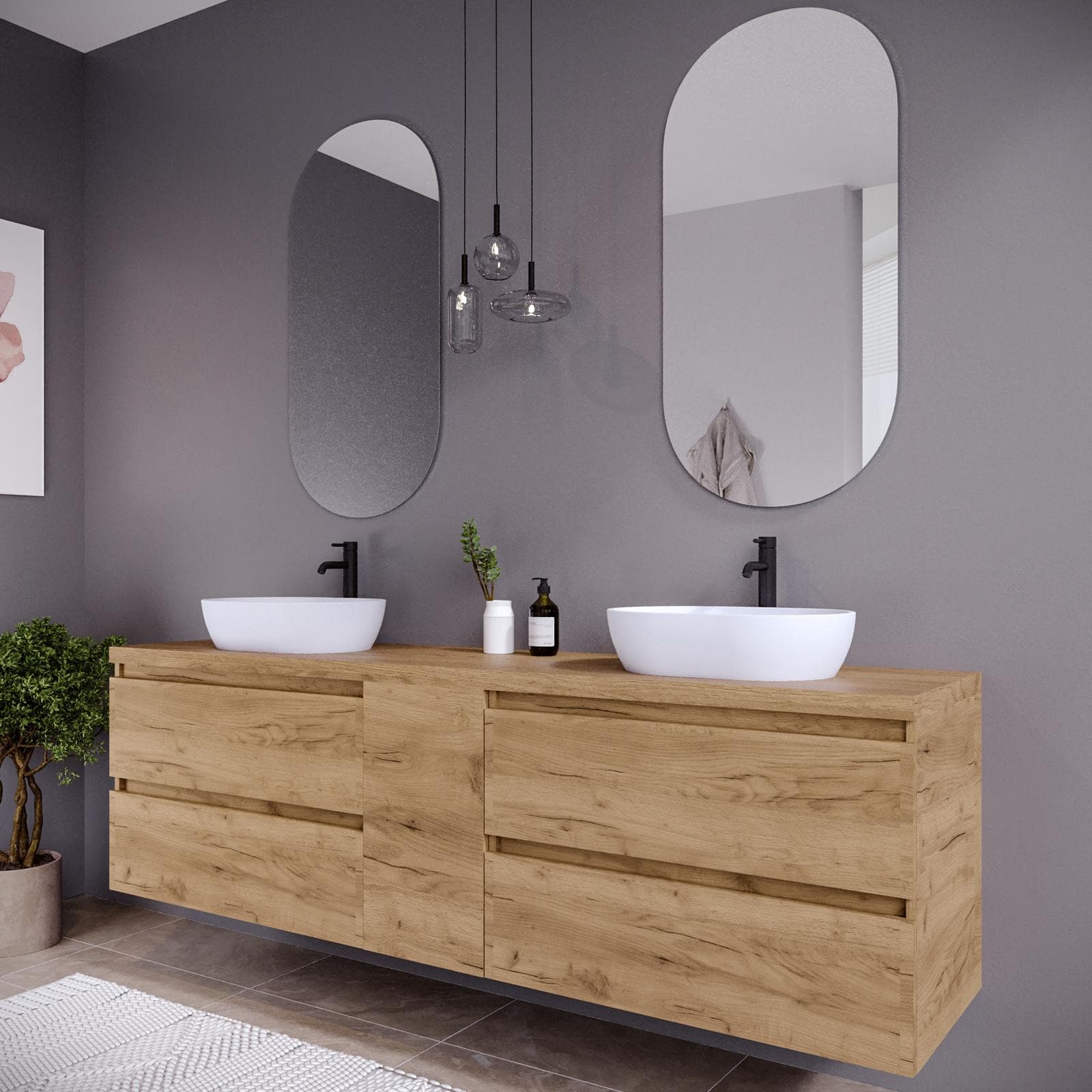 Mobile bagno sospeso 190 cm rovere africa con vano reversibile e top con specchio - Anami