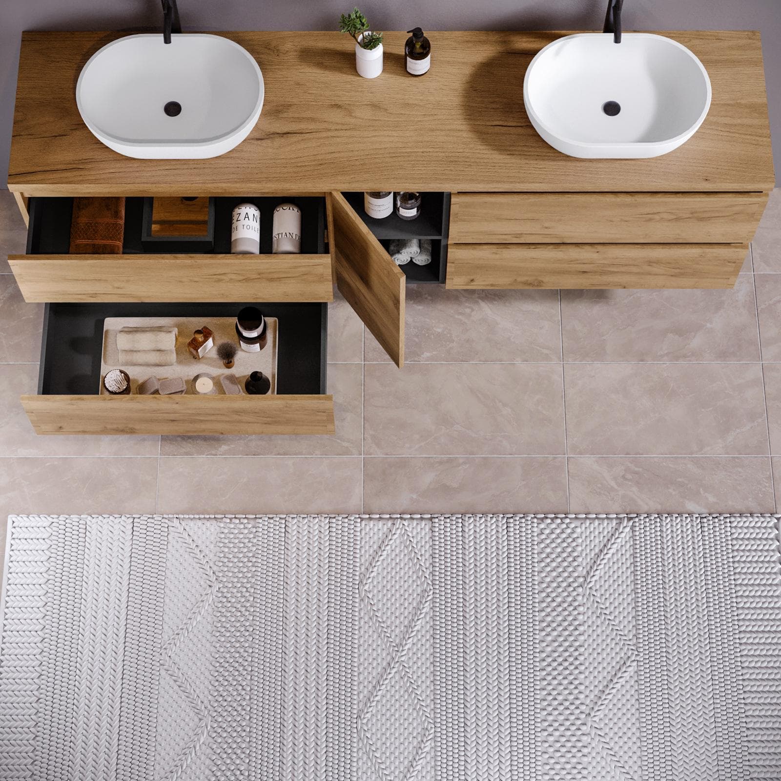 Mobile bagno sospeso 190 cm rovere africa con vano reversibile e top con specchio - Anami