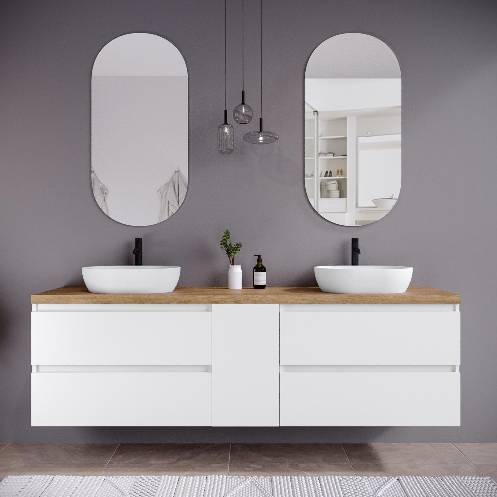 Mobile bagno sospeso 190 cm white satinato con vano reversibile e top rovere gold con specchio - Anami