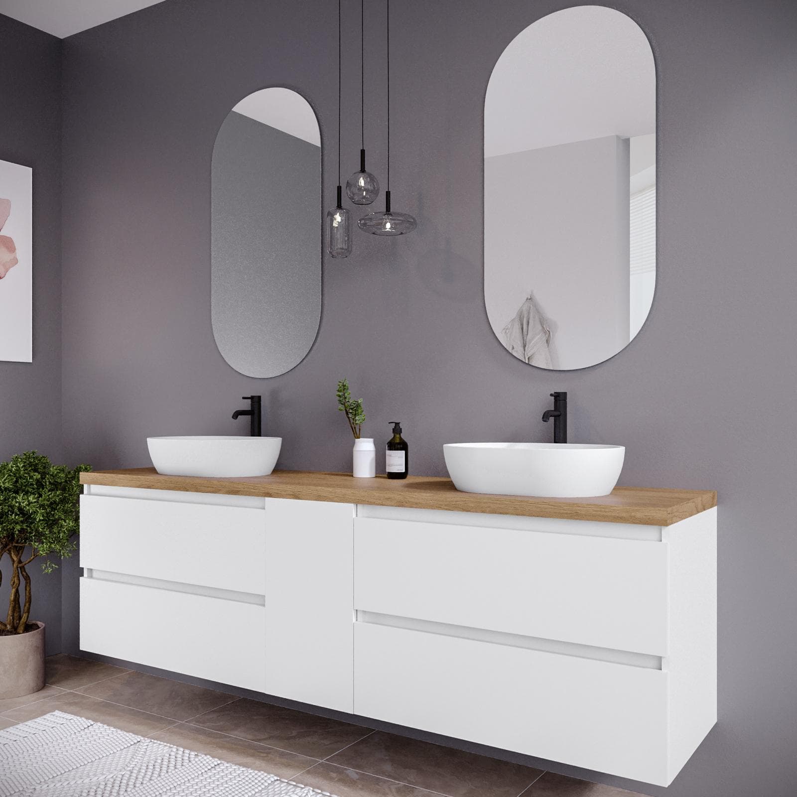 Mobile bagno sospeso 190 cm white satinato con vano reversibile e top rovere gold con specchio - Anami